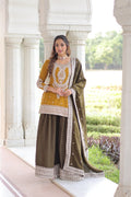 Vyara yellow silk kurti sharara set with sequins codding embroidery