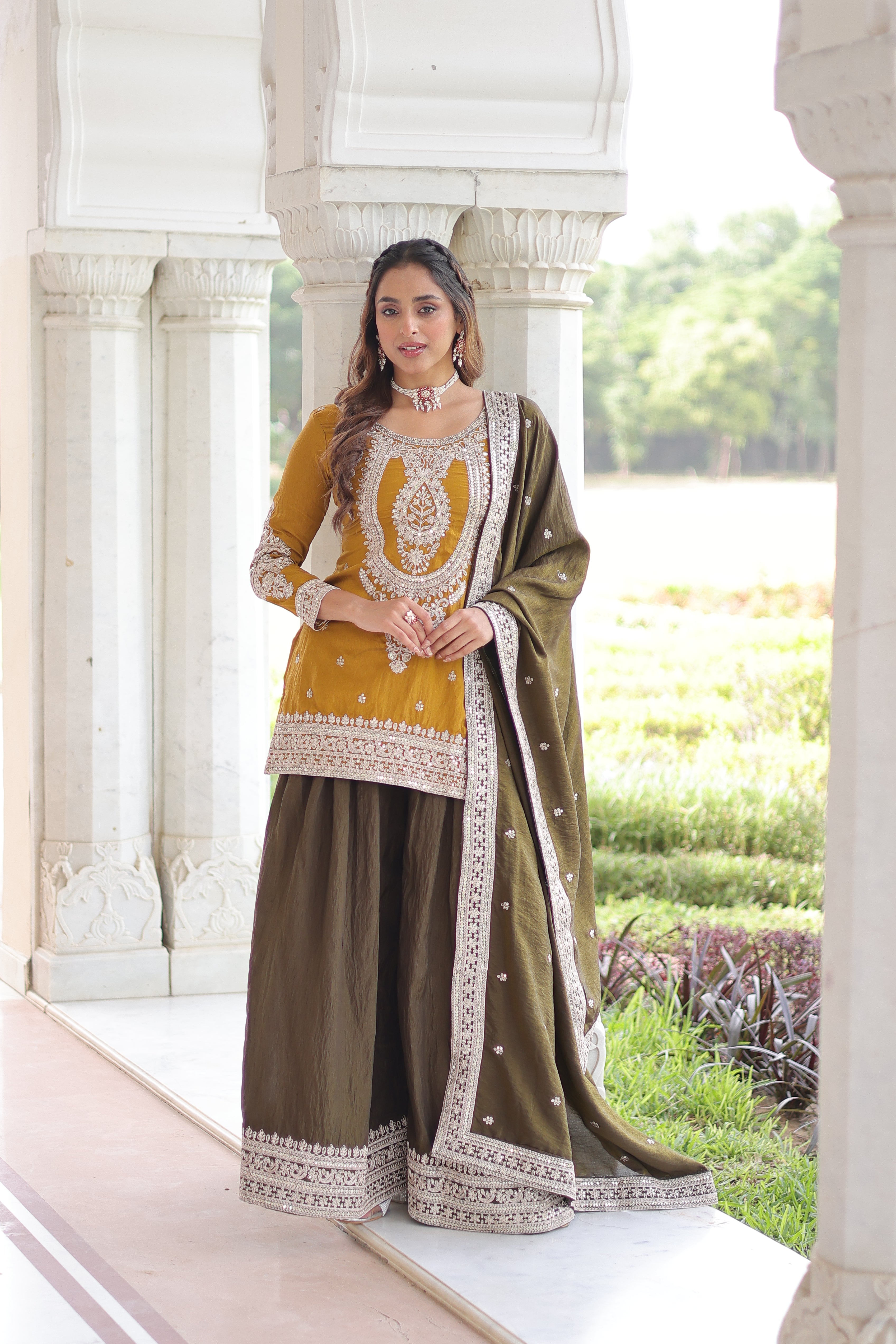 Vyara yellow silk kurti sharara set with sequins codding embroidery