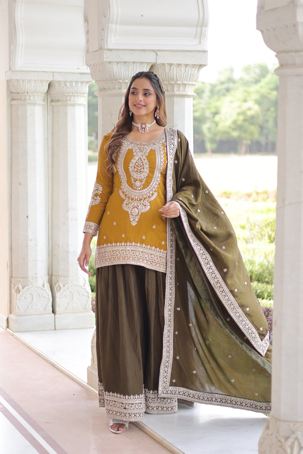Vyara yellow silk kurti sharara set with sequins codding embroidery