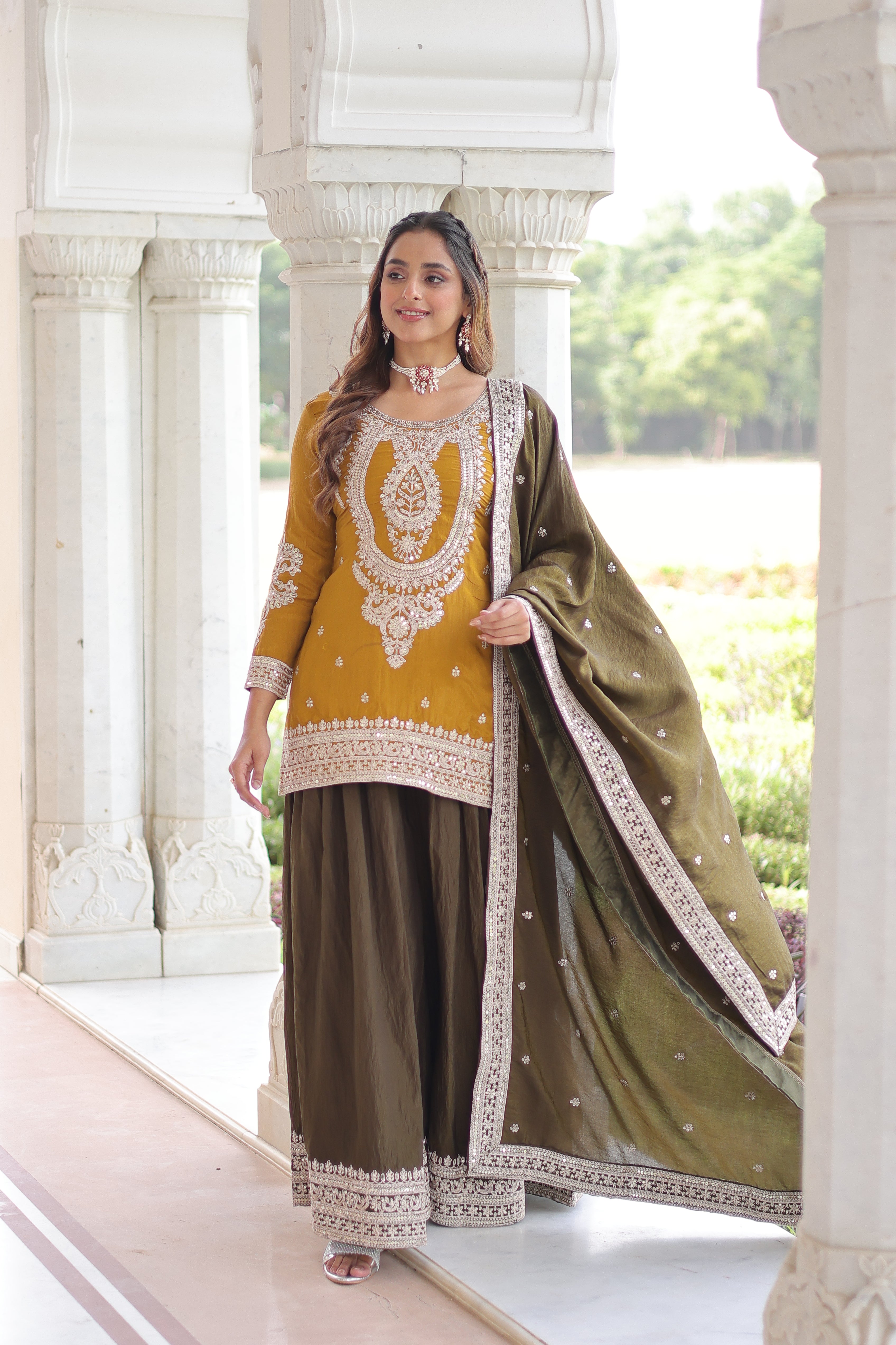 Vyara yellow silk kurti sharara set with sequins codding embroidery