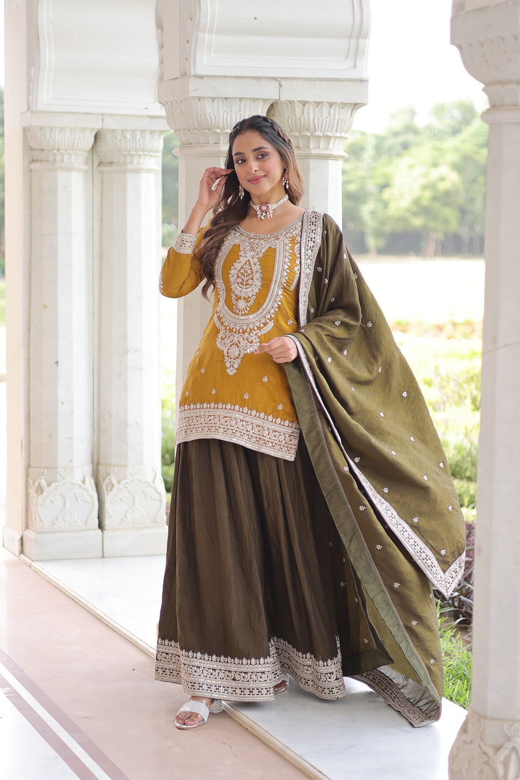 Vyara yellow silk kurti sharara set with sequins codding embroidery