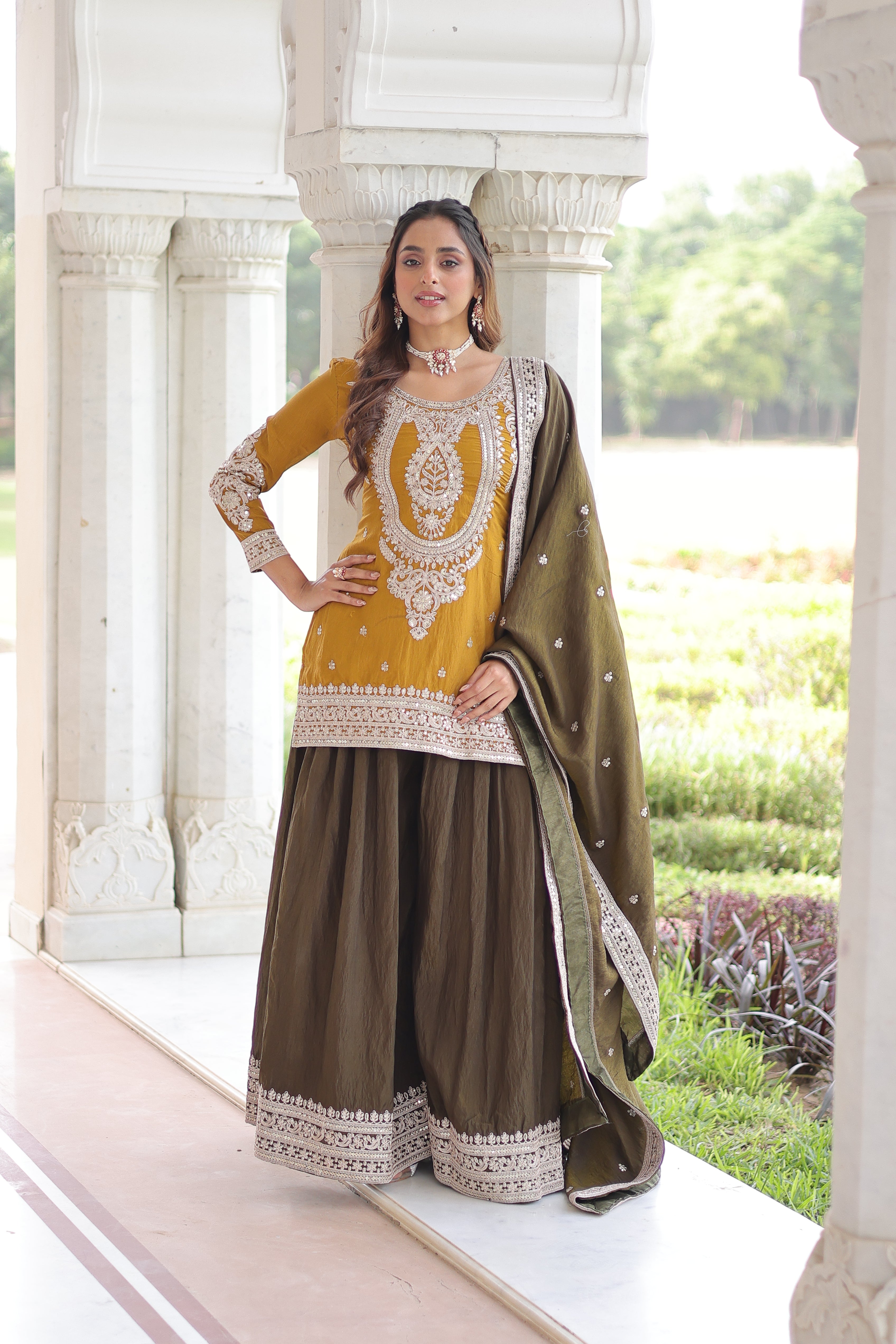 Vyara yellow silk kurti sharara set with sequins codding embroidery