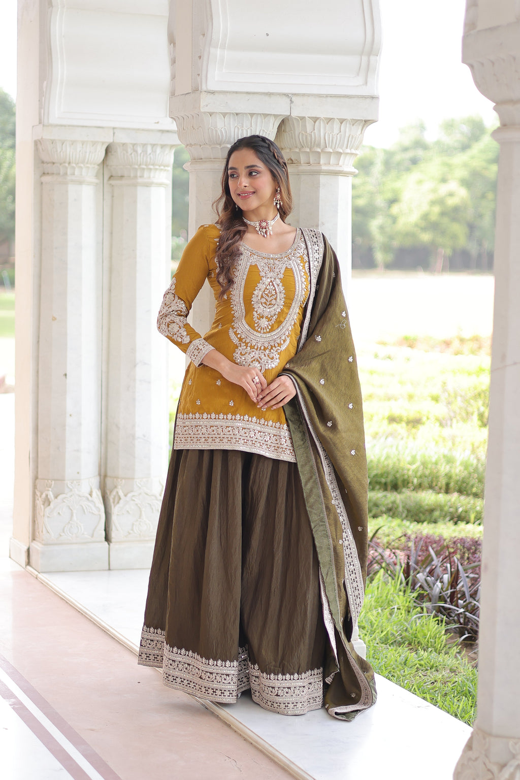 Vyara yellow silk kurti sharara set with sequins codding embroidery