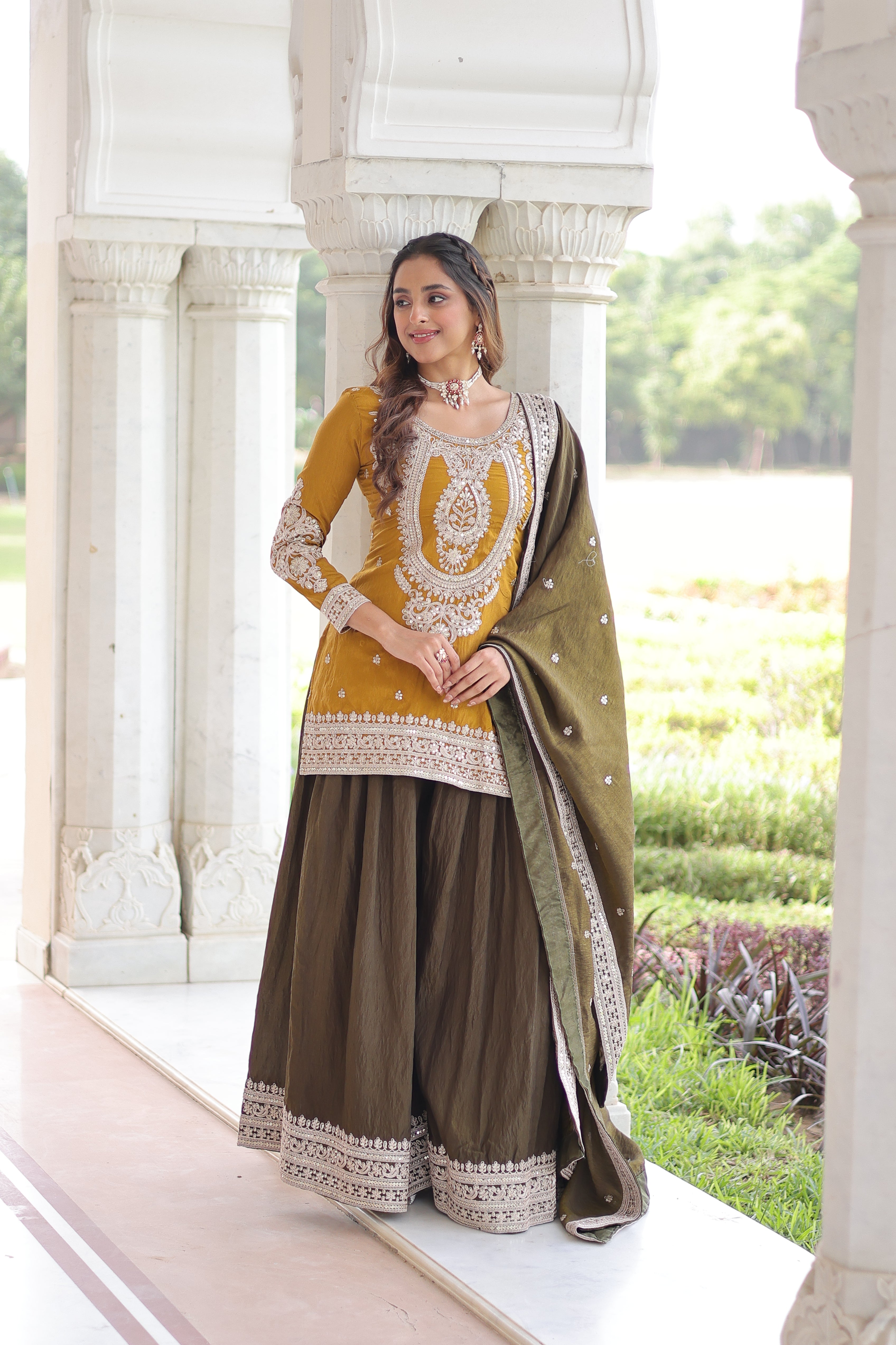 Vyara yellow silk kurti sharara set with sequins codding embroidery