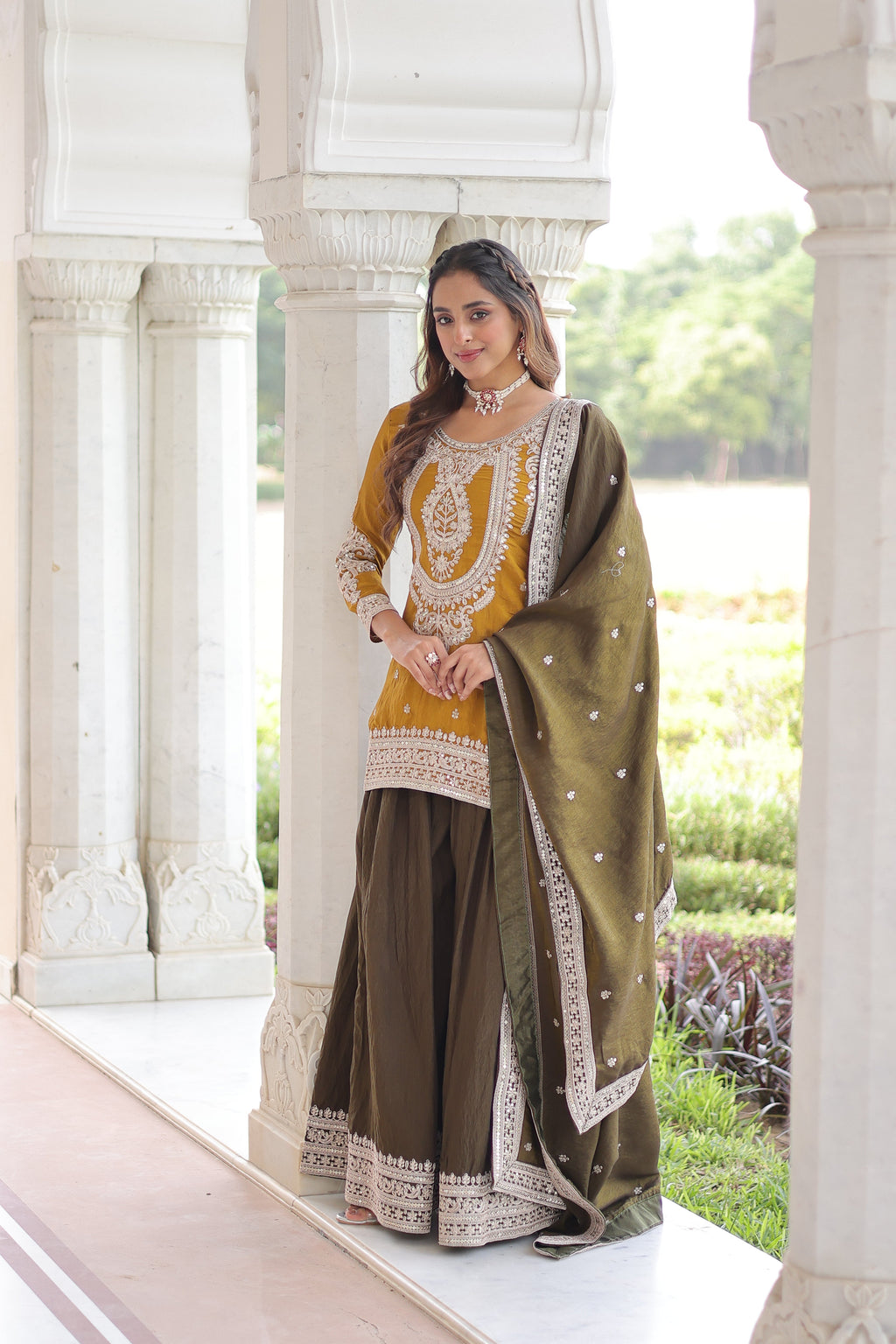 Vyara yellow silk kurti sharara set with sequins codding embroidery