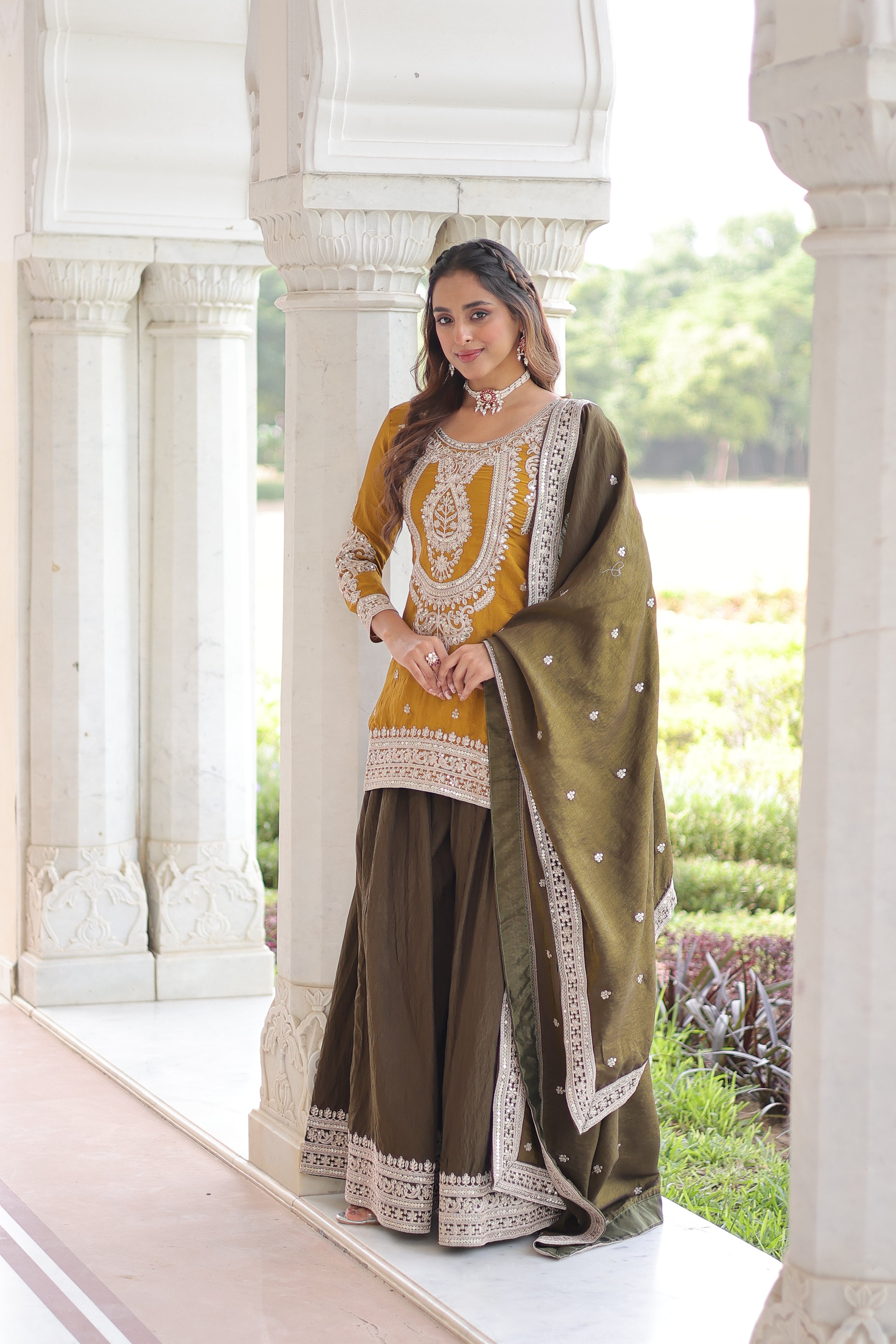 Vyara yellow silk kurti sharara set with sequins codding embroidery