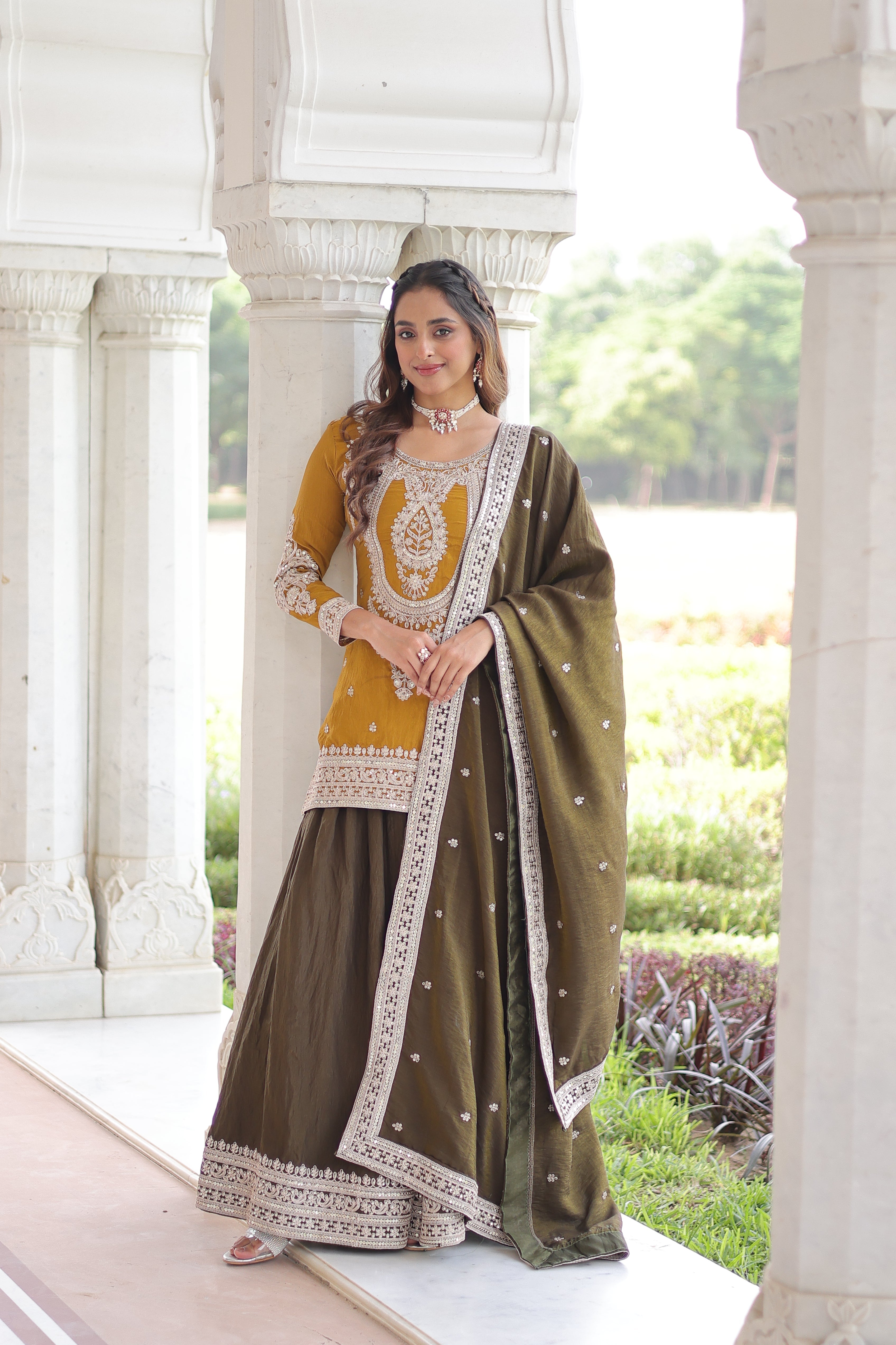 Vyara yellow silk kurti sharara set with sequins codding embroidery