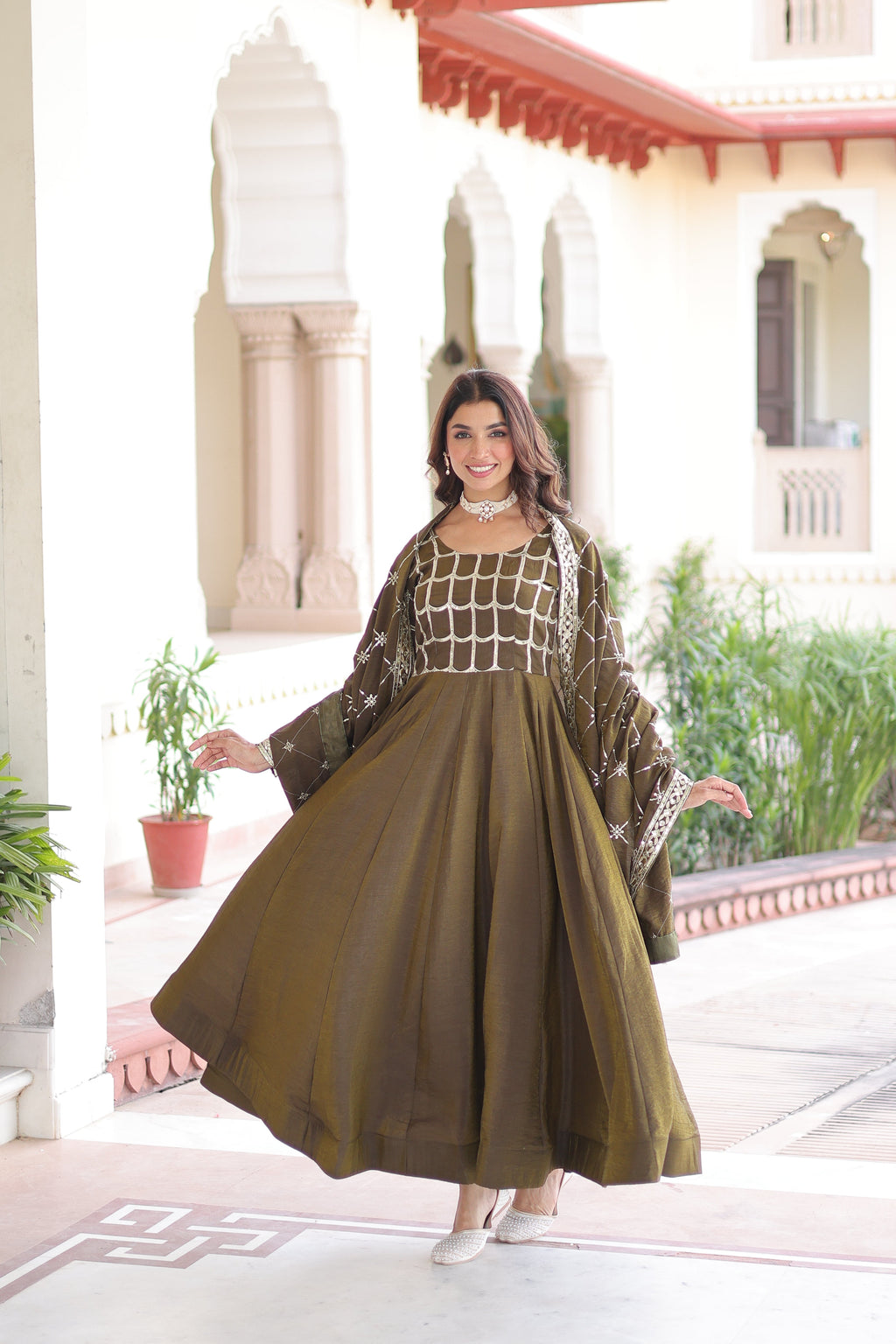 Navira mehendi Vichitra silk gown with rich sequins zari embroidery and dupatta