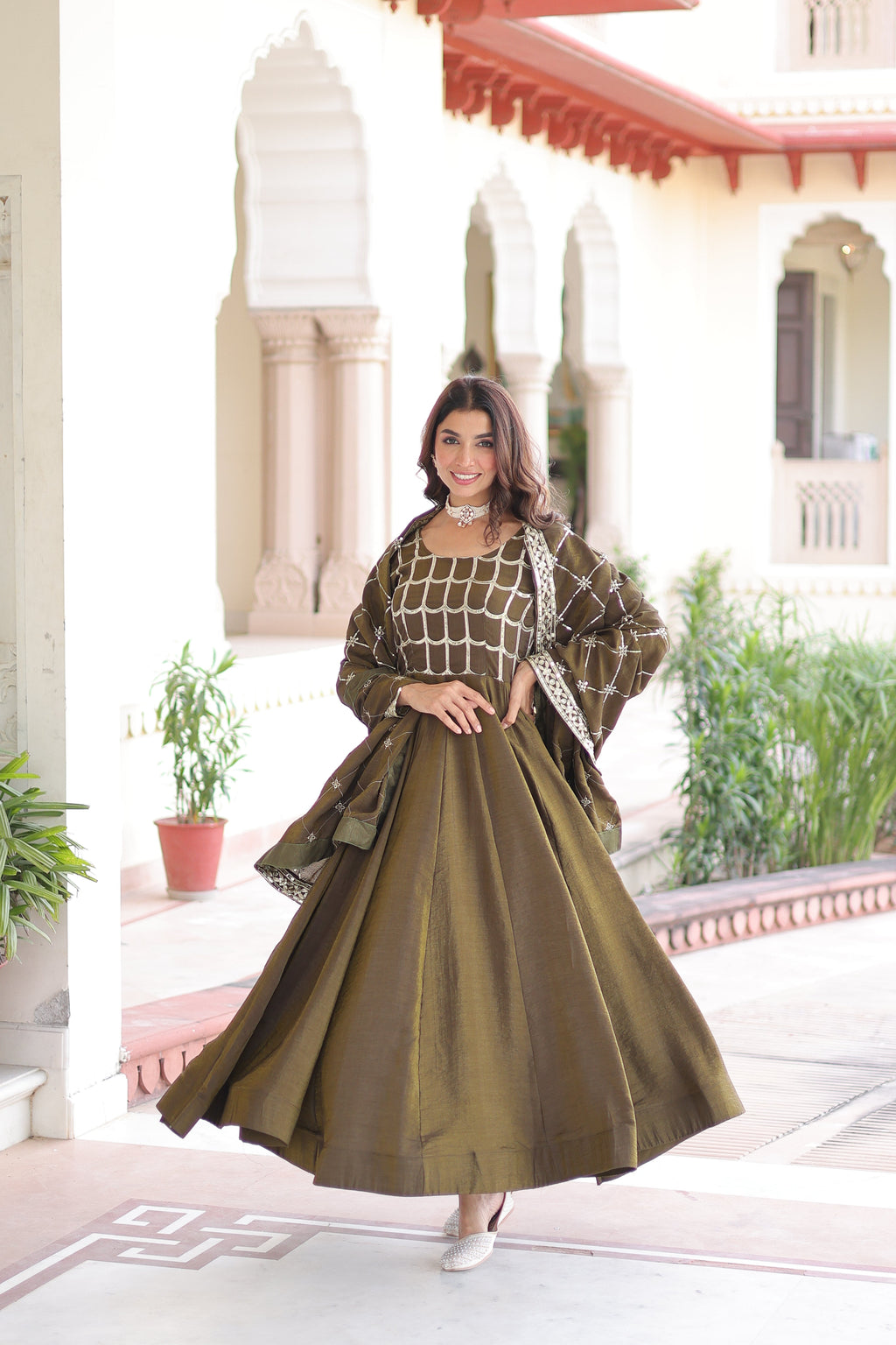 Navira mehendi Vichitra silk gown with rich sequins zari embroidery and dupatta