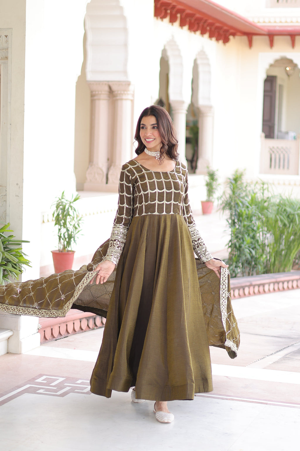 Navira mehendi Vichitra silk gown with rich sequins zari embroidery and dupatta
