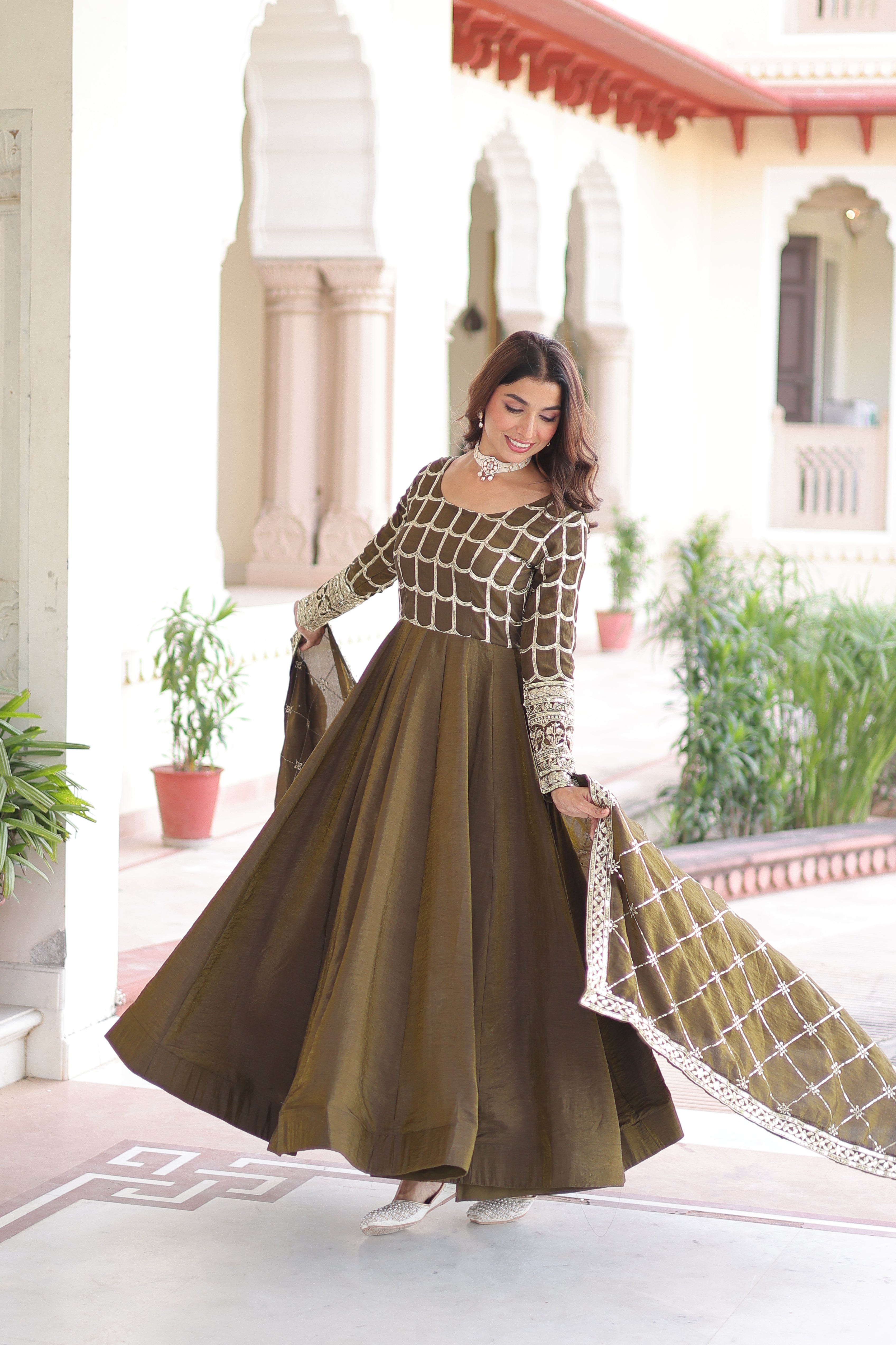 Navira mehendi Vichitra silk gown with rich sequins zari embroidery and dupatta