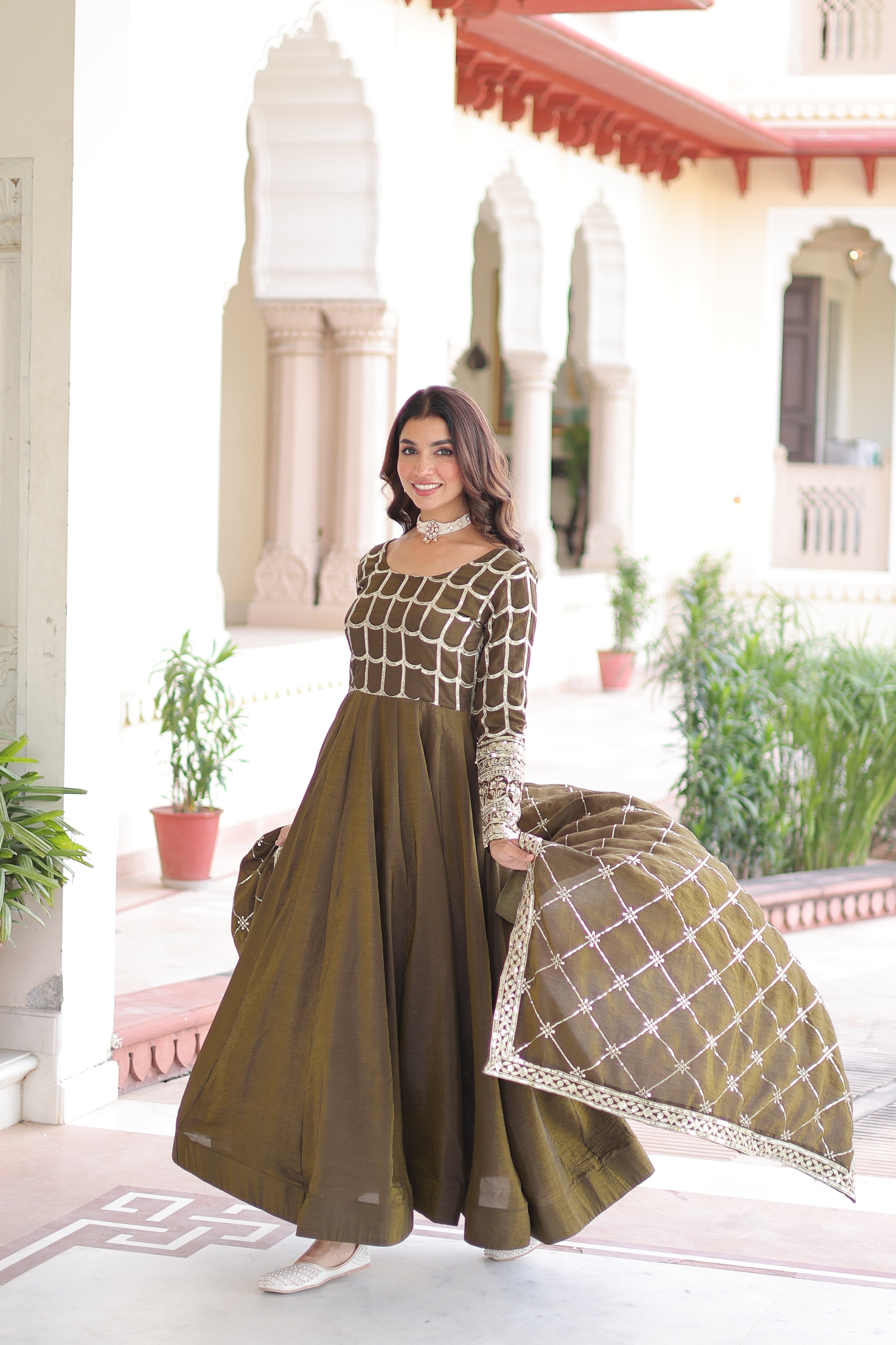 Navira mehendi Vichitra silk gown with rich sequins zari embroidery and dupatta