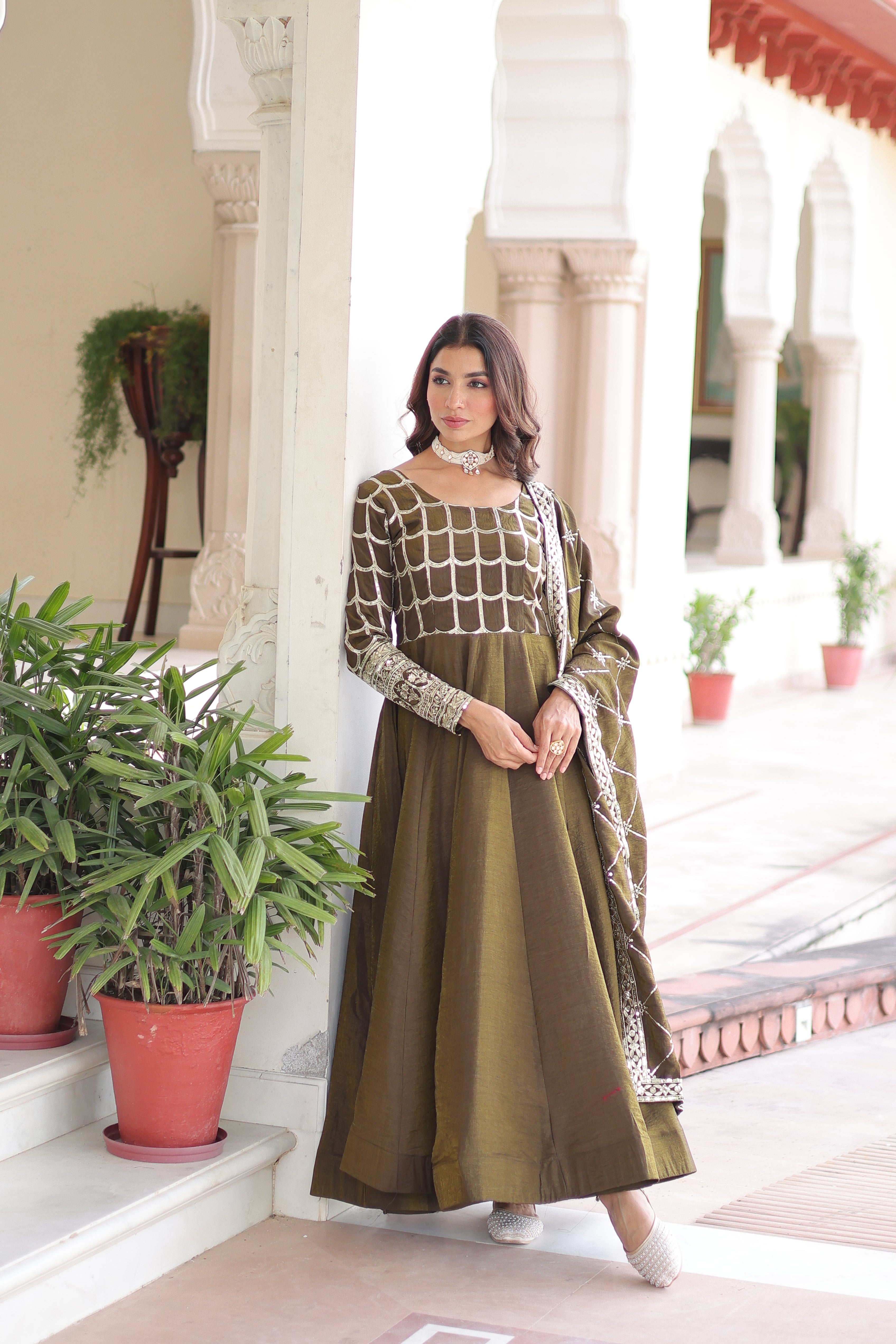 Navira mehendi Vichitra silk gown with rich sequins zari embroidery and dupatta