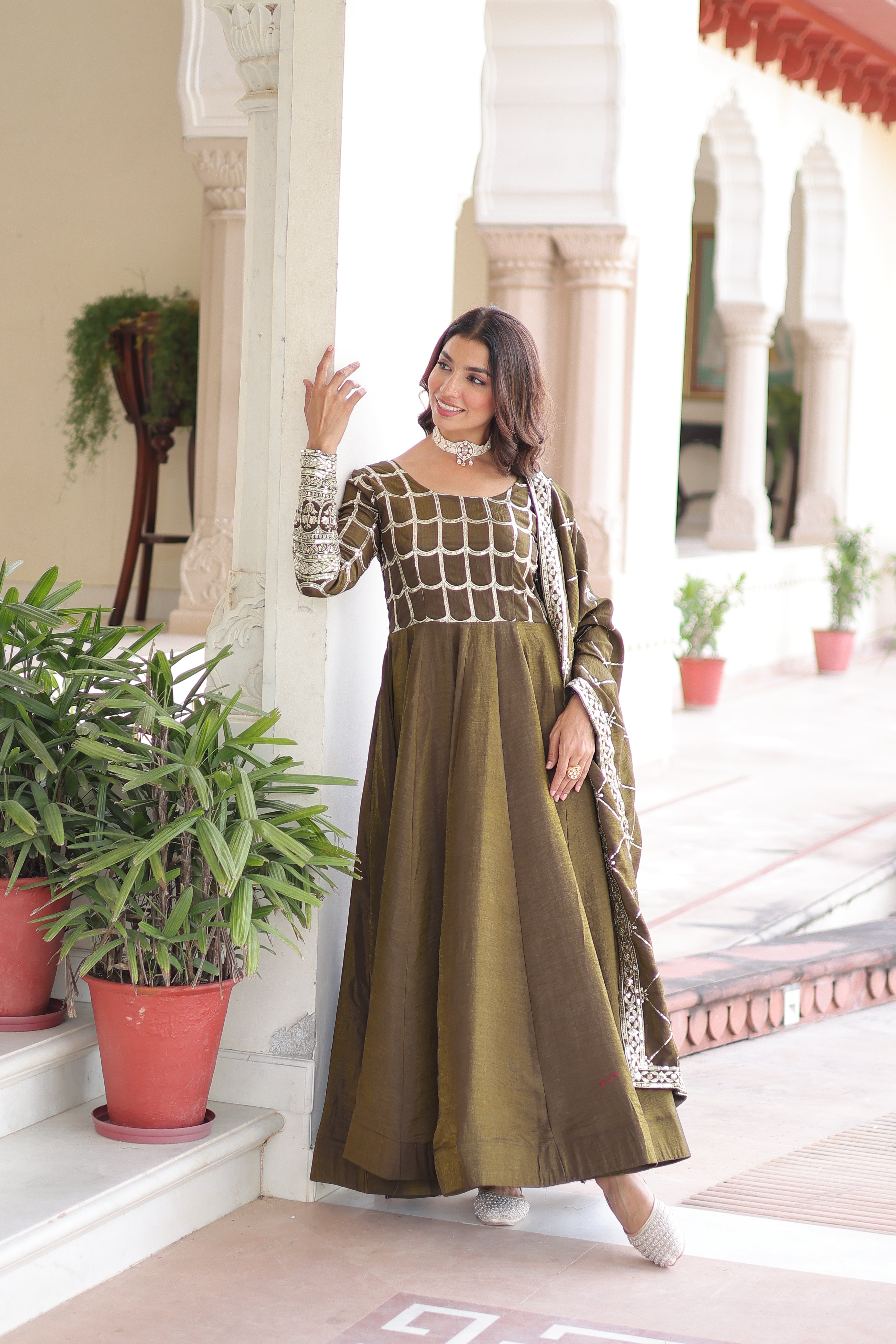 Navira mehendi Vichitra silk gown with rich sequins zari embroidery and dupatta