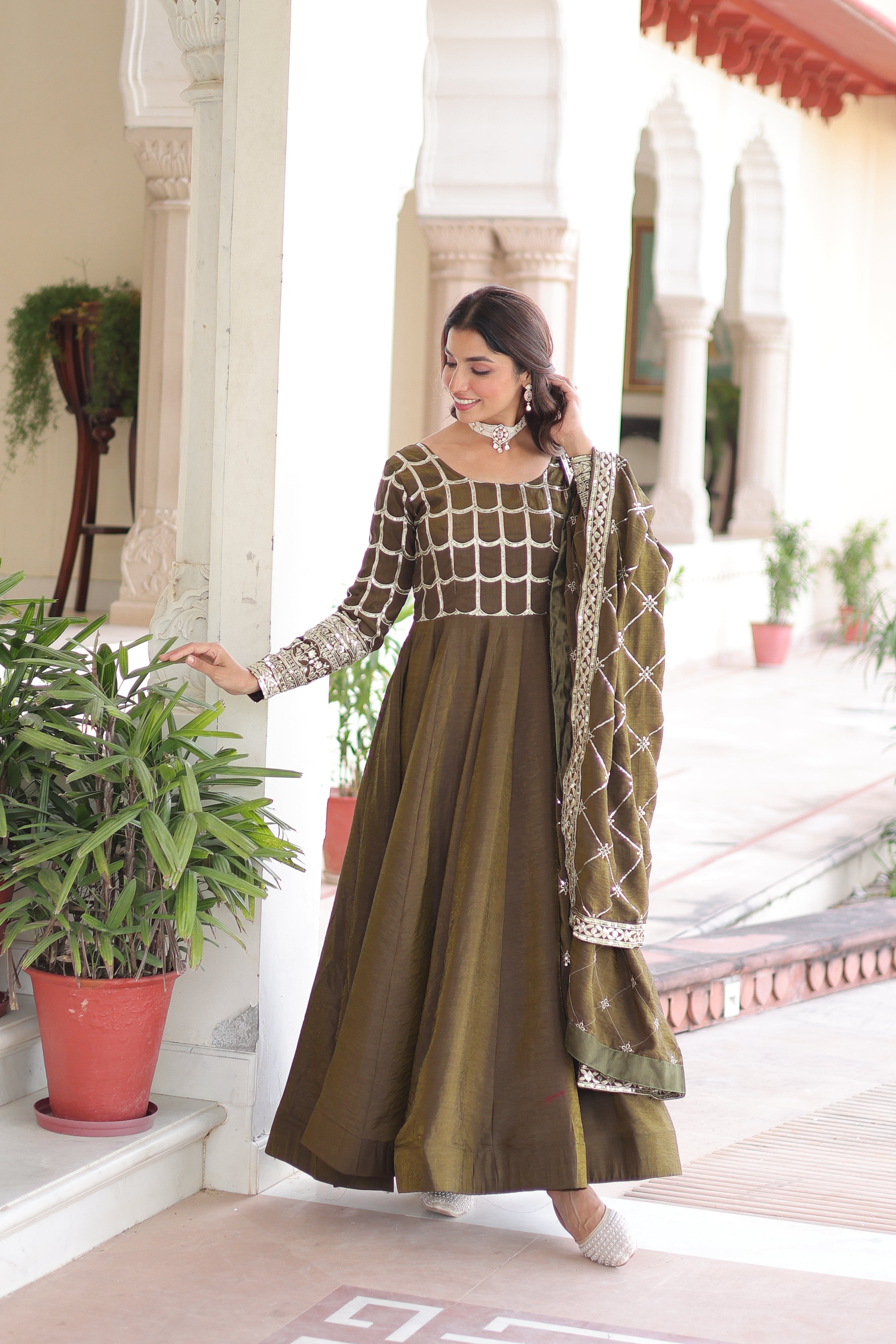 Navira mehendi Vichitra silk gown with rich sequins zari embroidery and dupatta