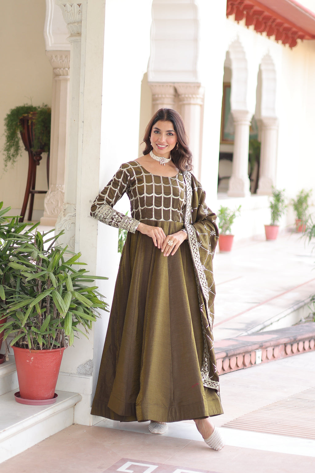 Navira mehendi Vichitra silk gown with rich sequins zari embroidery and dupatta