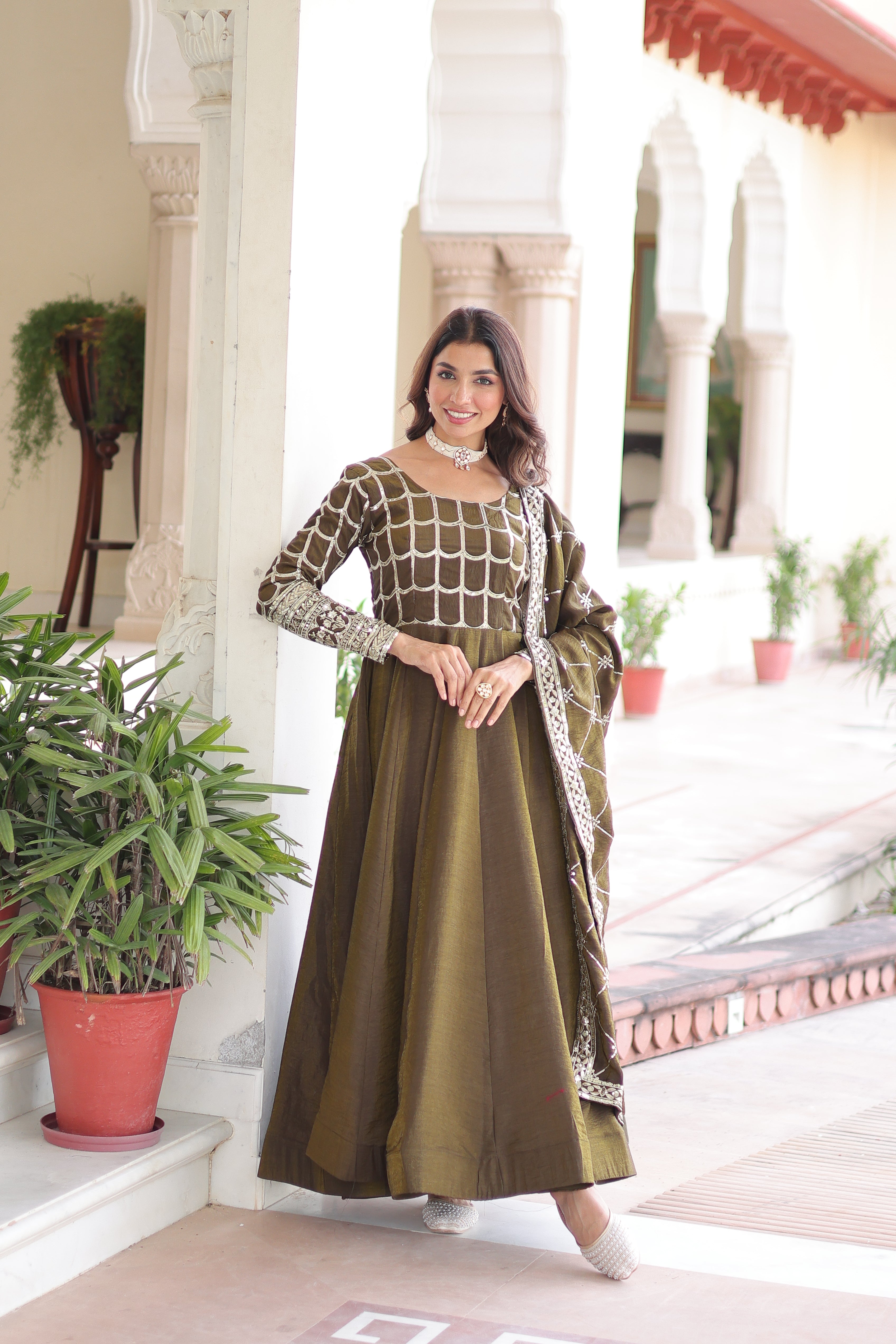 Navira mehendi Vichitra silk gown with rich sequins zari embroidery and dupatta