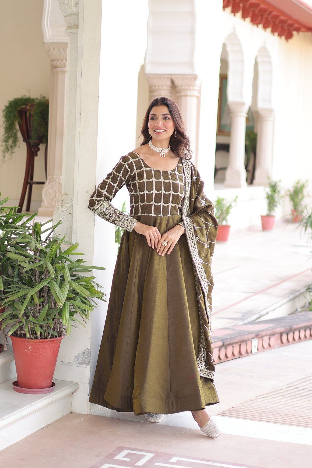 Navira mehendi Vichitra silk gown with rich sequins zari embroidery and dupatta