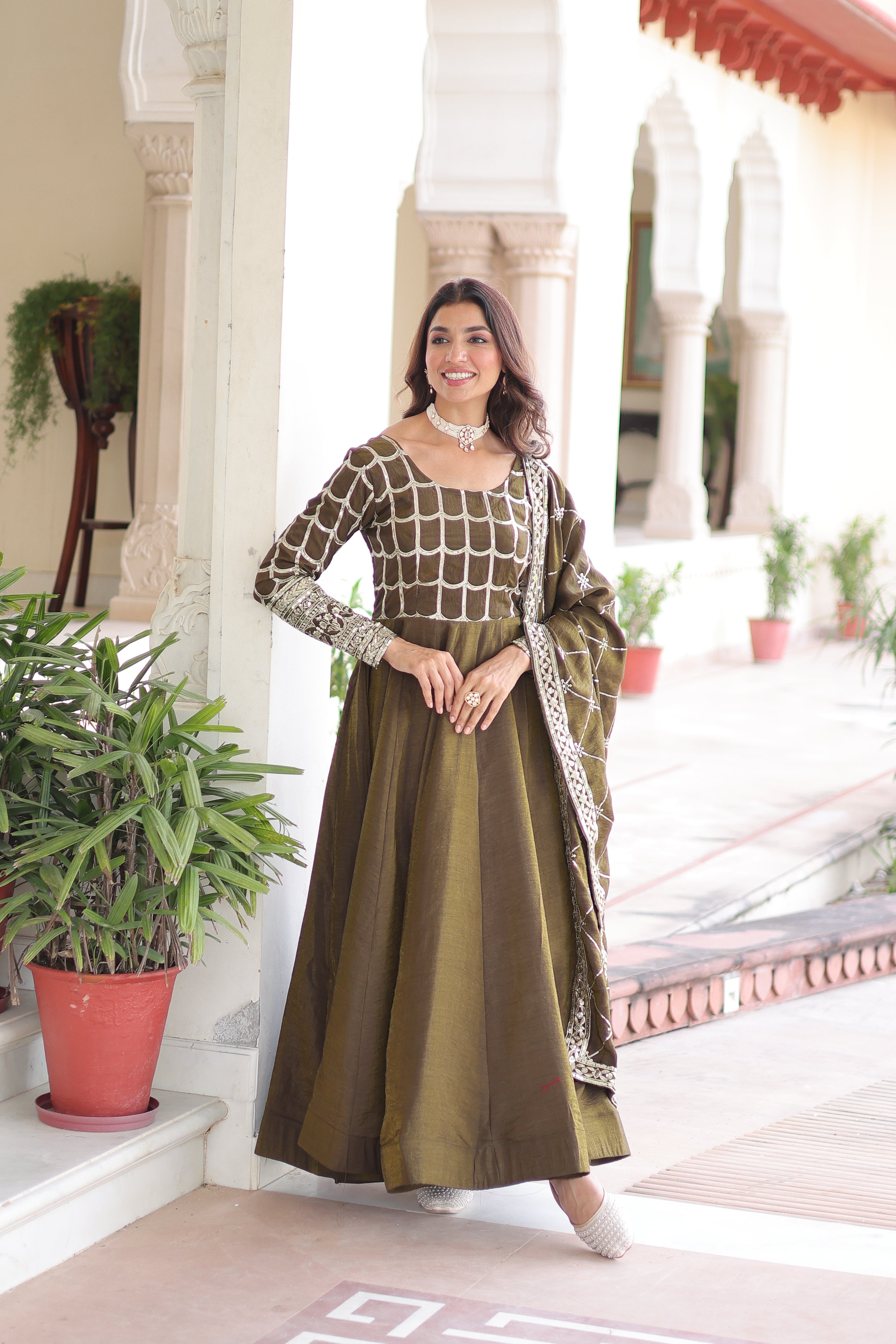 Navira mehendi Vichitra silk gown with rich sequins zari embroidery and dupatta