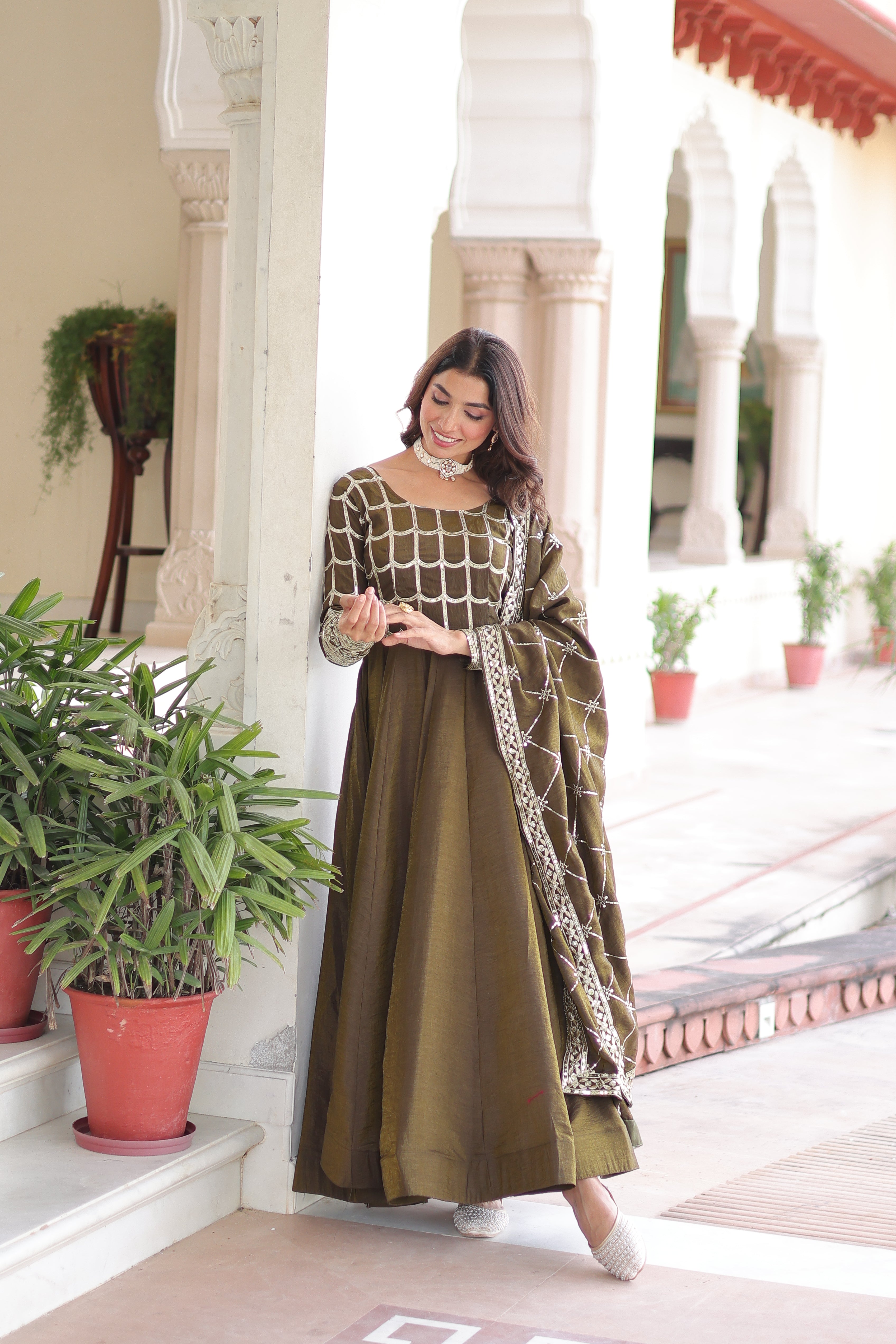 Navira mehendi Vichitra silk gown with rich sequins zari embroidery and dupatta