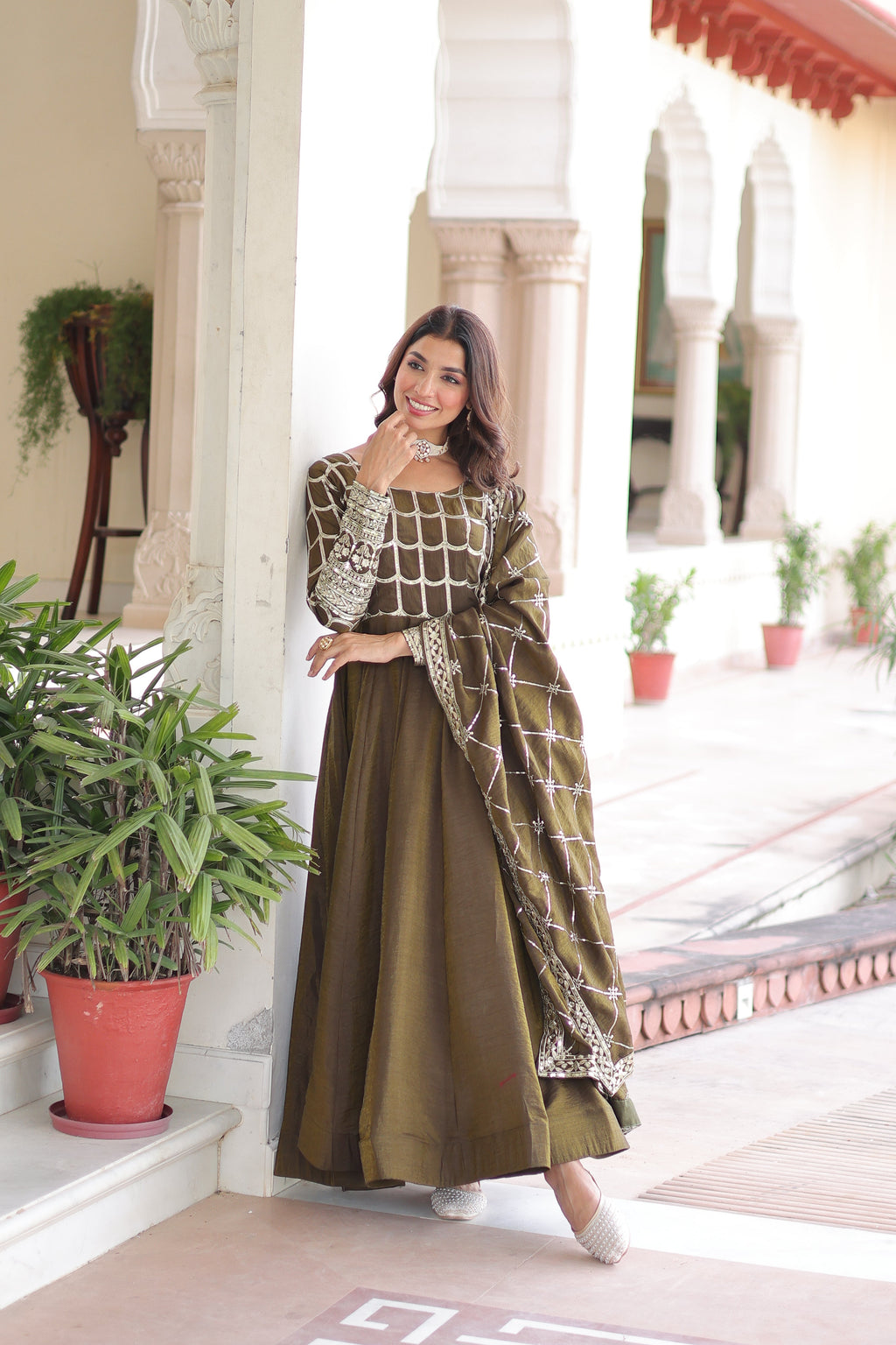 Navira mehendi Vichitra silk gown with rich sequins zari embroidery and dupatta