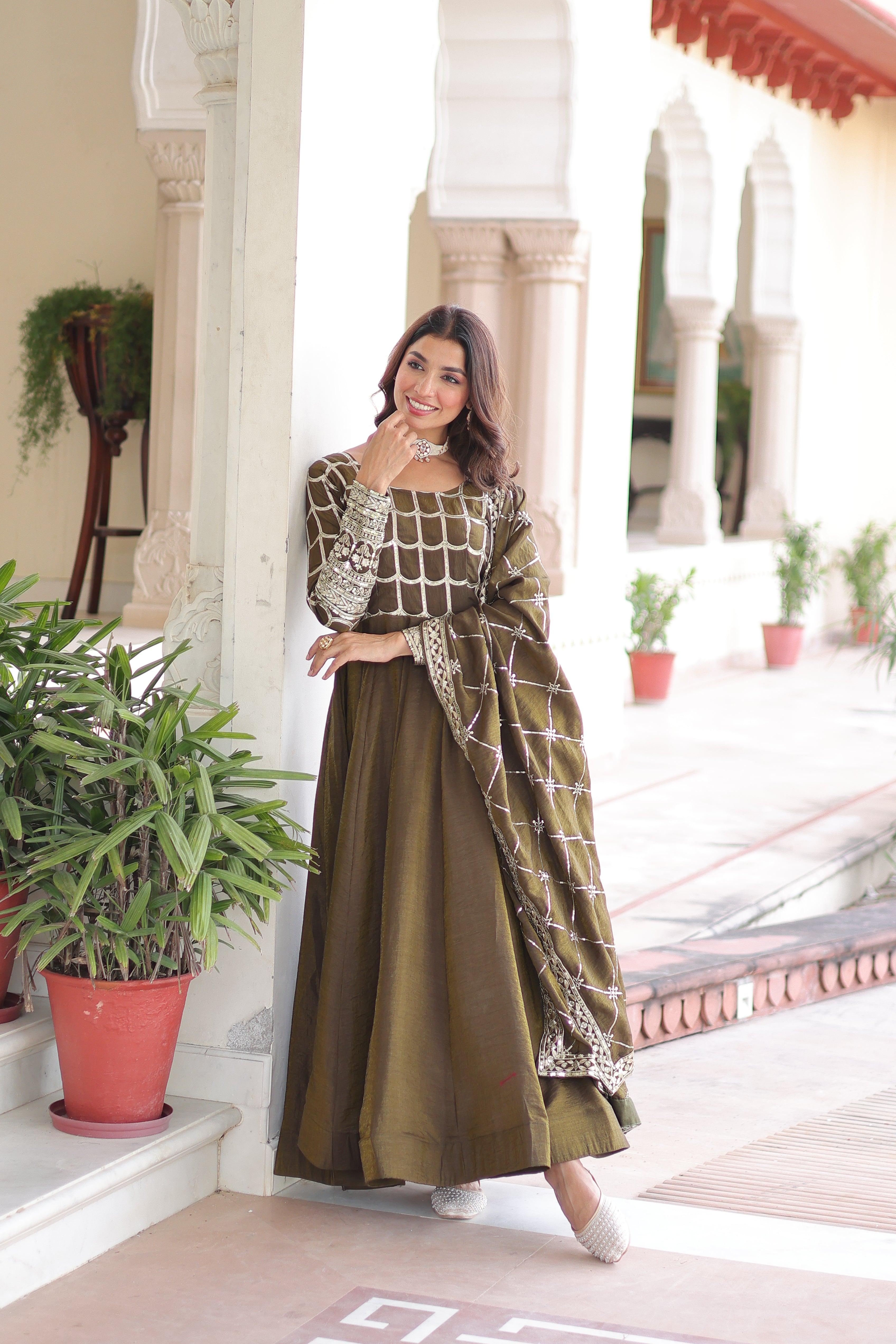 Navira mehendi Vichitra silk gown with rich sequins zari embroidery and dupatta