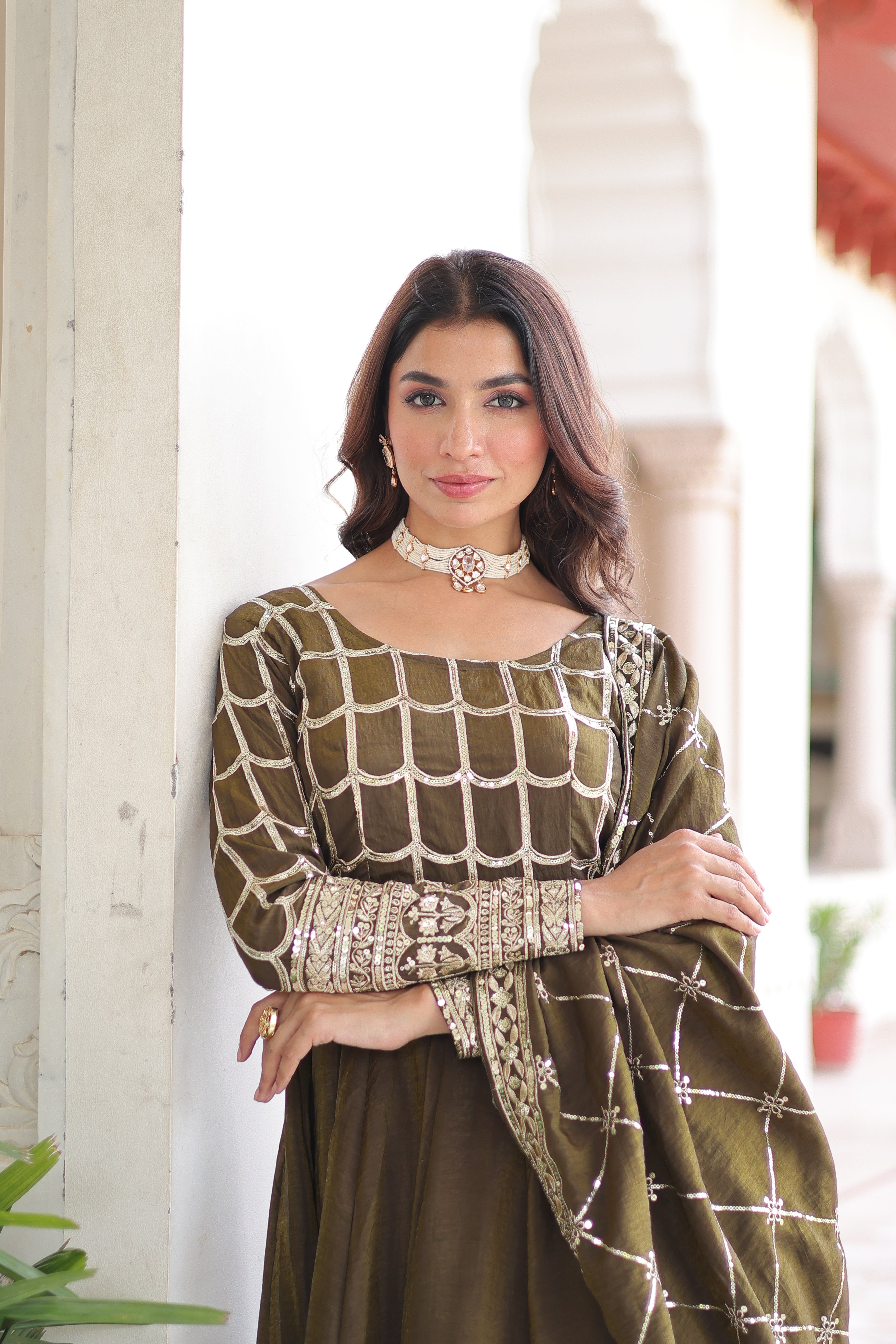 Navira mehendi Vichitra silk gown with rich sequins zari embroidery and dupatta