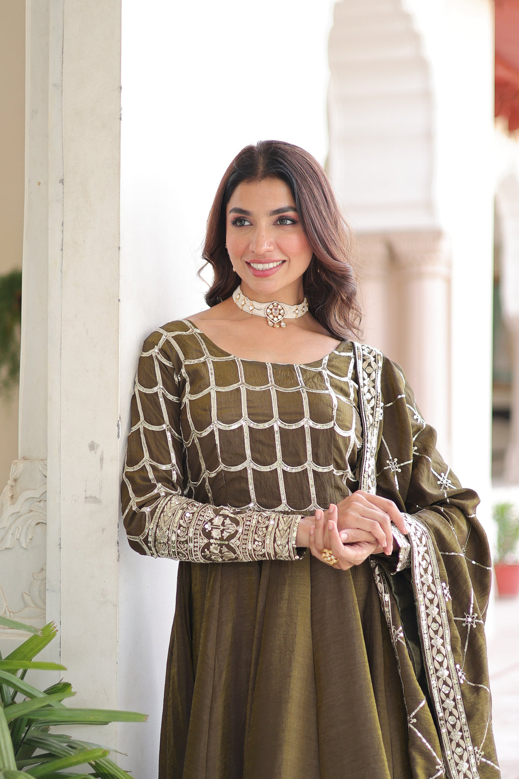 Navira mehendi Vichitra silk gown with rich sequins zari embroidery and dupatta