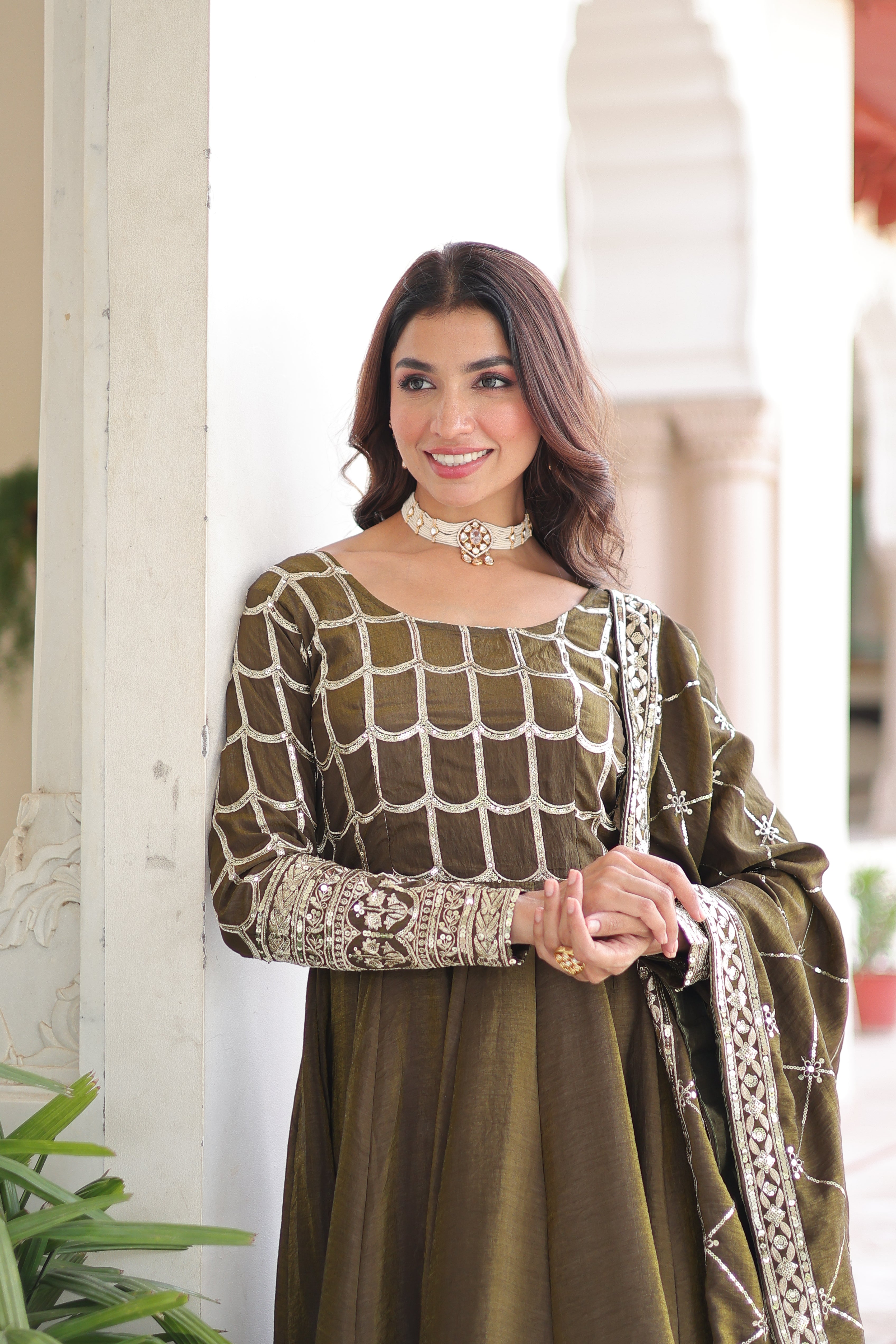 Navira mehendi Vichitra silk gown with rich sequins zari embroidery and dupatta