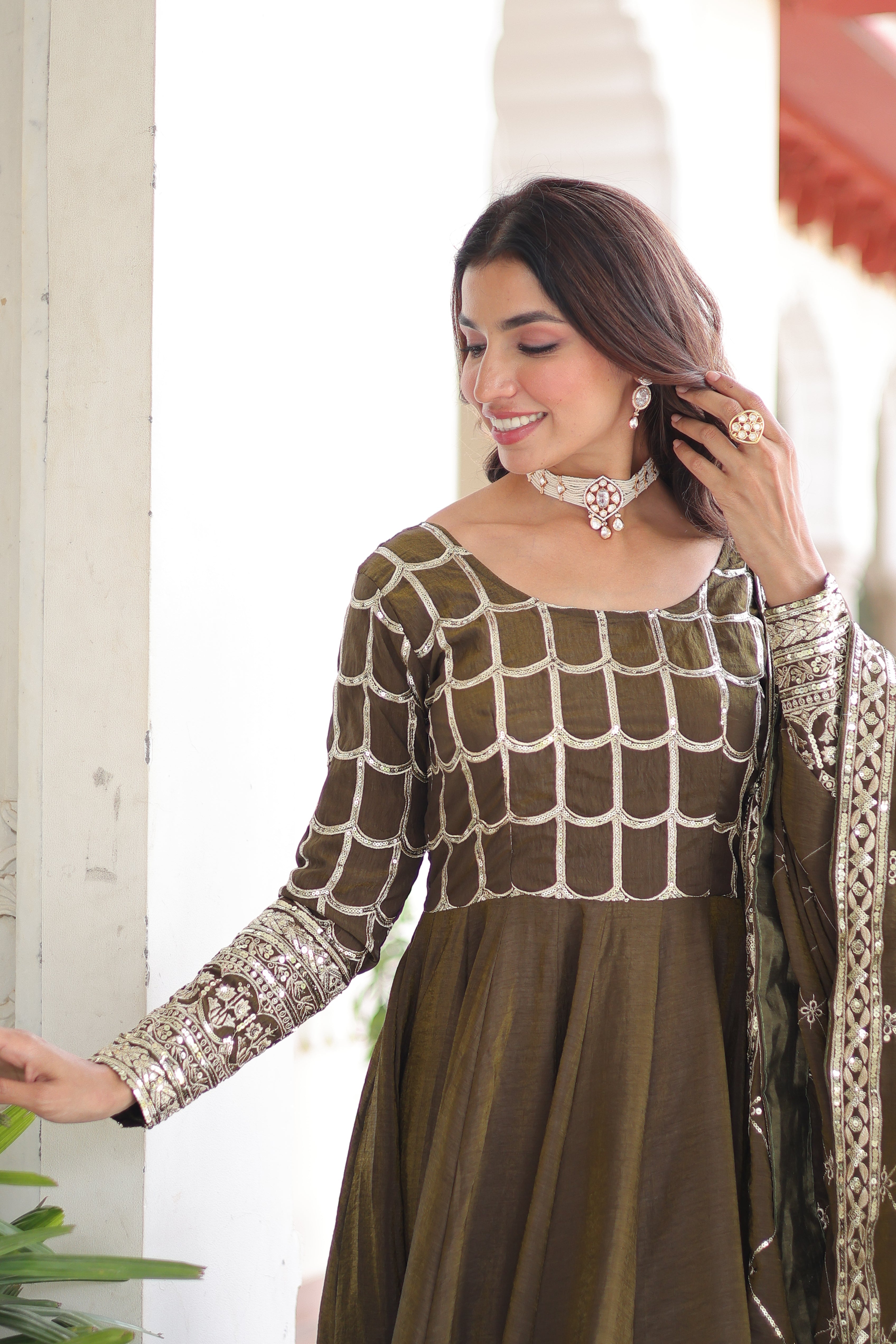 Navira mehendi Vichitra silk gown with rich sequins zari embroidery and dupatta