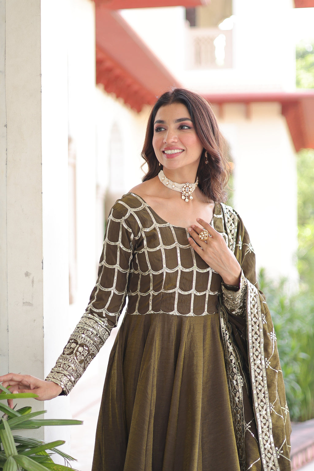 Navira mehendi Vichitra silk gown with rich sequins zari embroidery and dupatta