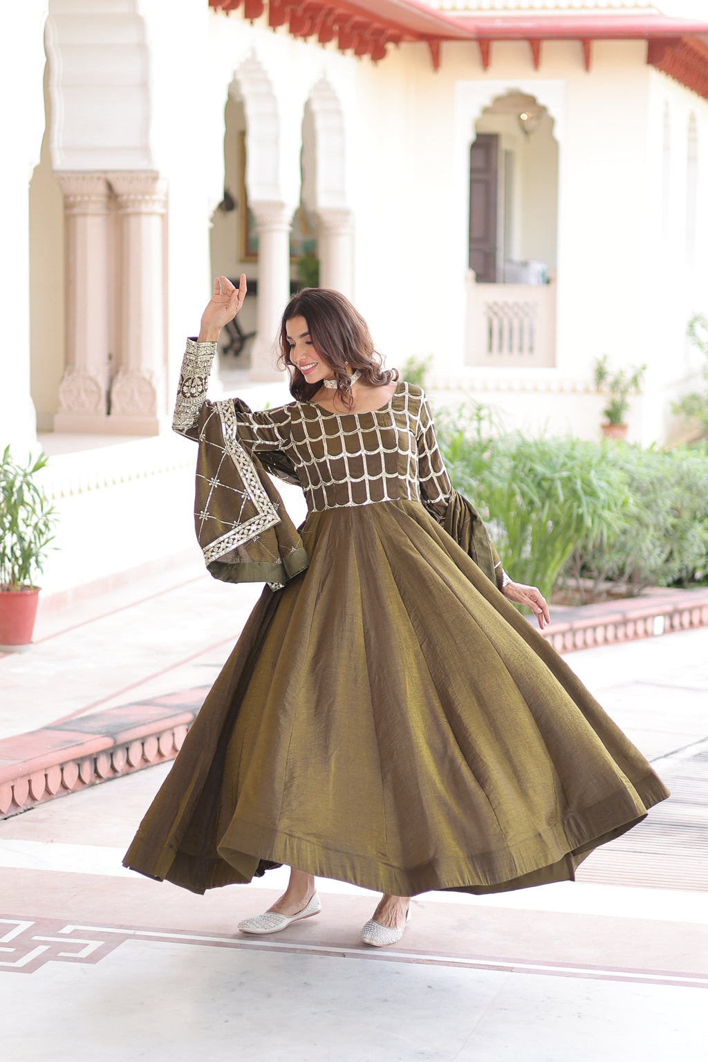 Navira mehendi Vichitra silk gown with rich sequins zari embroidery and dupatta