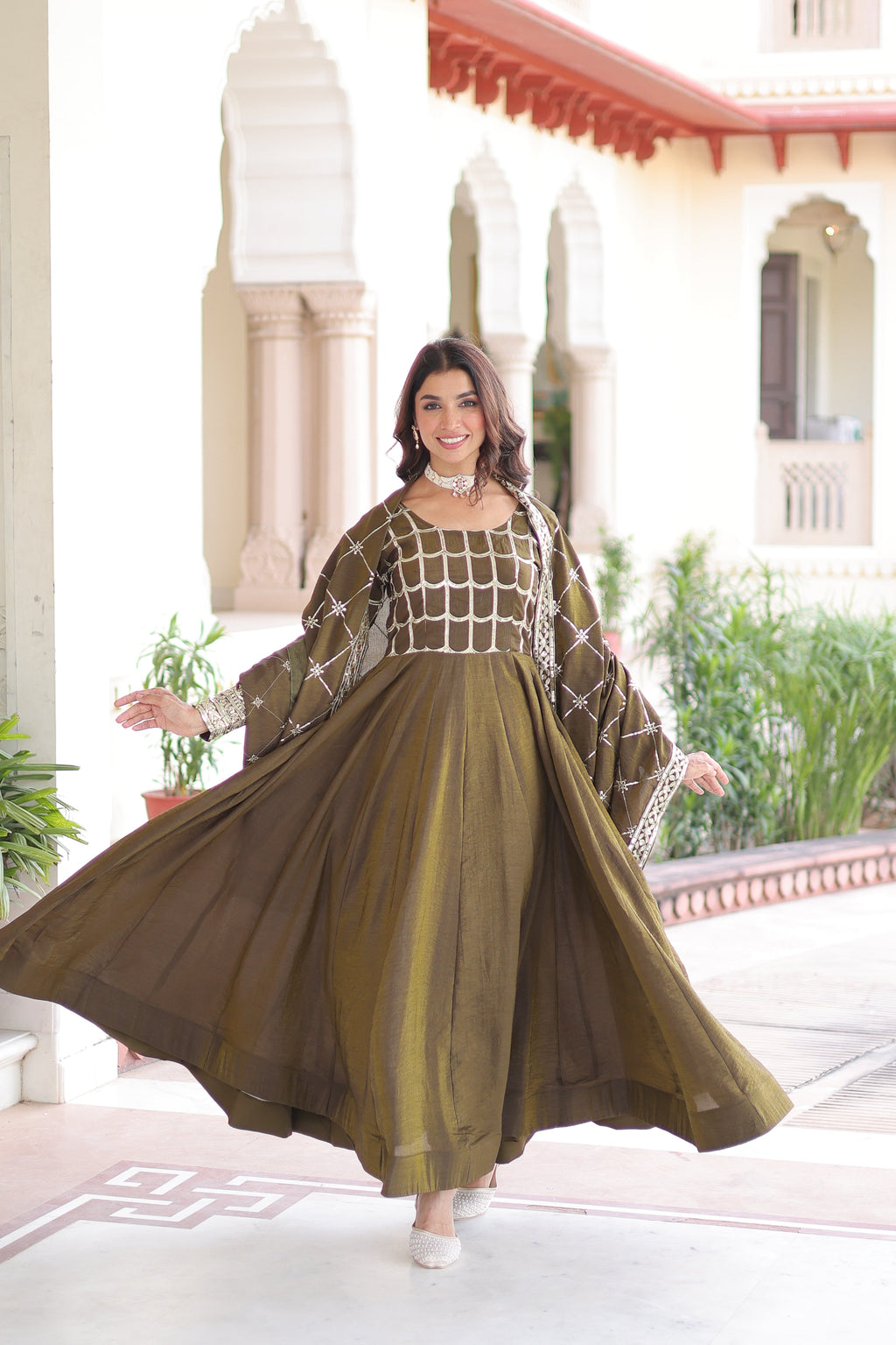 Navira mehendi Vichitra silk gown with rich sequins zari embroidery and dupatta