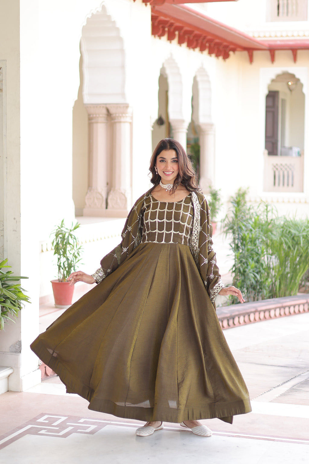 Navira mehendi Vichitra silk gown with rich sequins zari embroidery and dupatta