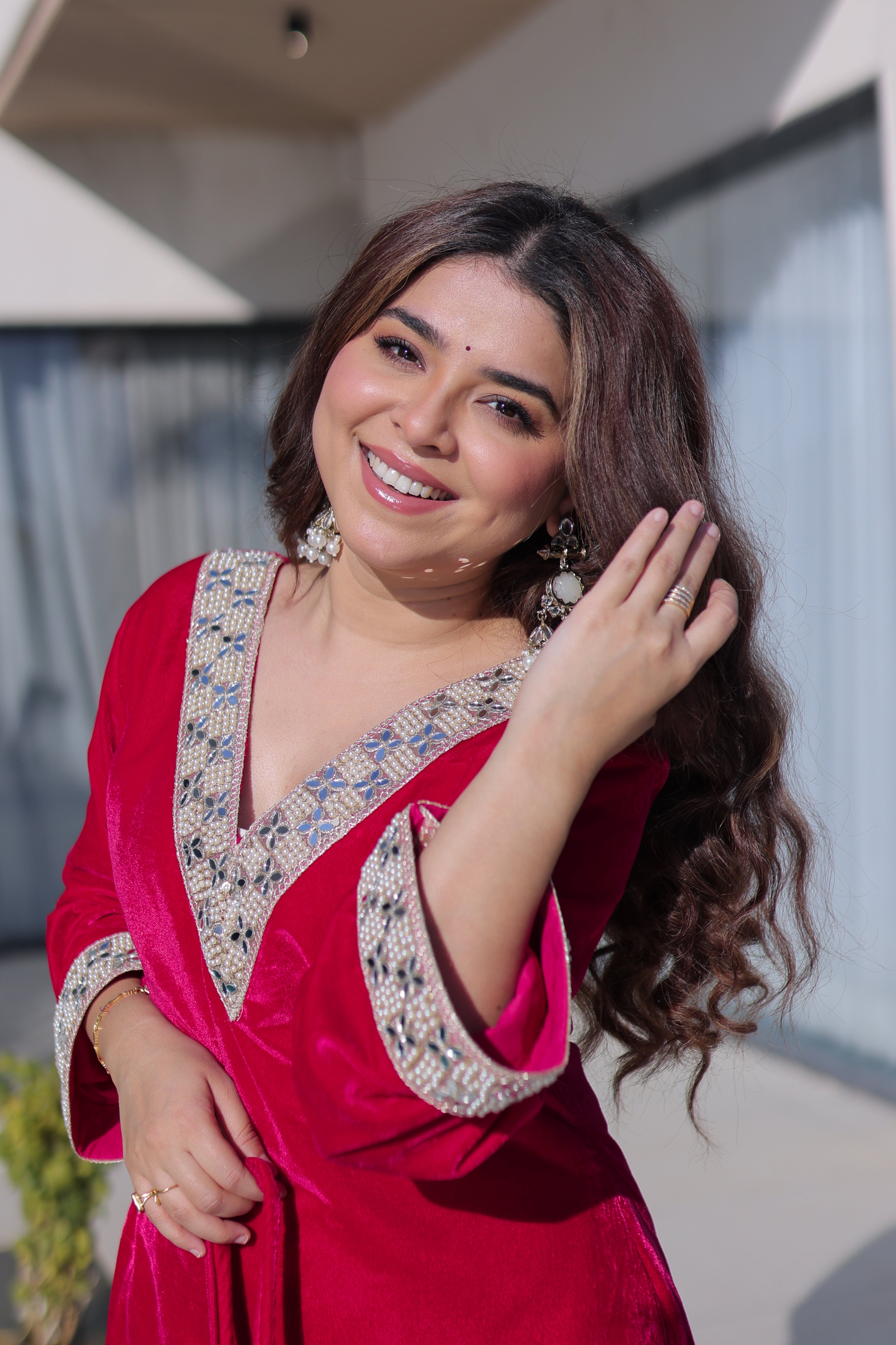 Elvya rani pink velvet kurti set with zari embroidered mirror work