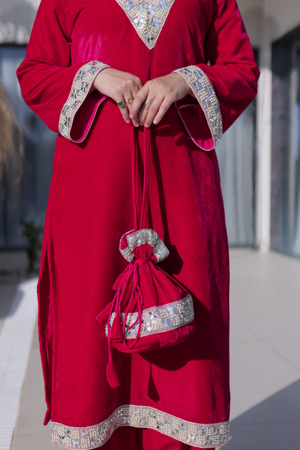 Elvya rani pink velvet kurti set with zari embroidered mirror work