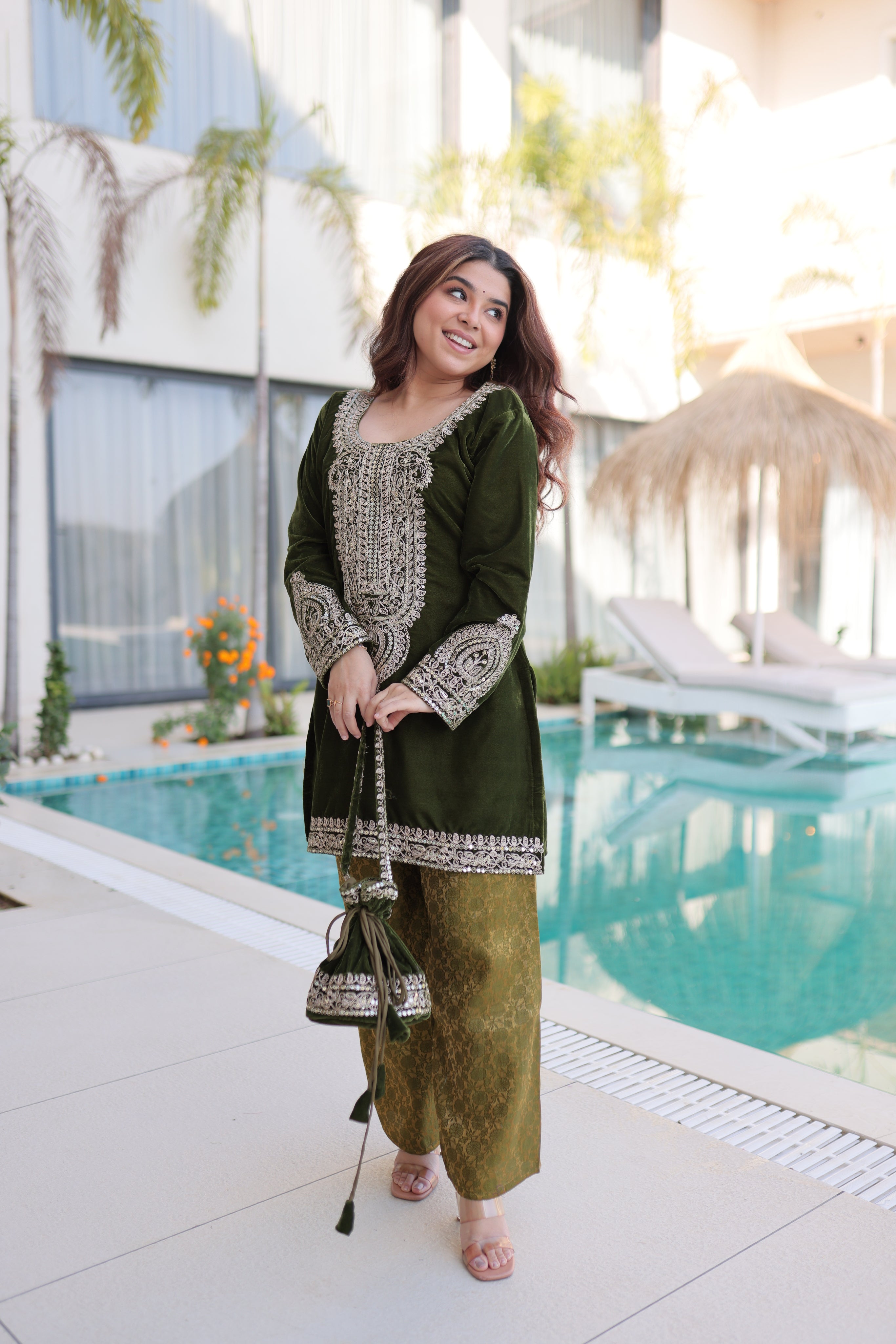 Selina green velvet zari coding embroidered short kurti set with batwa