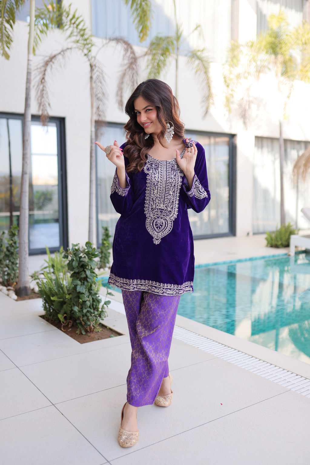 Selina purple velvet zari coding embroidered short kurti set with batwa