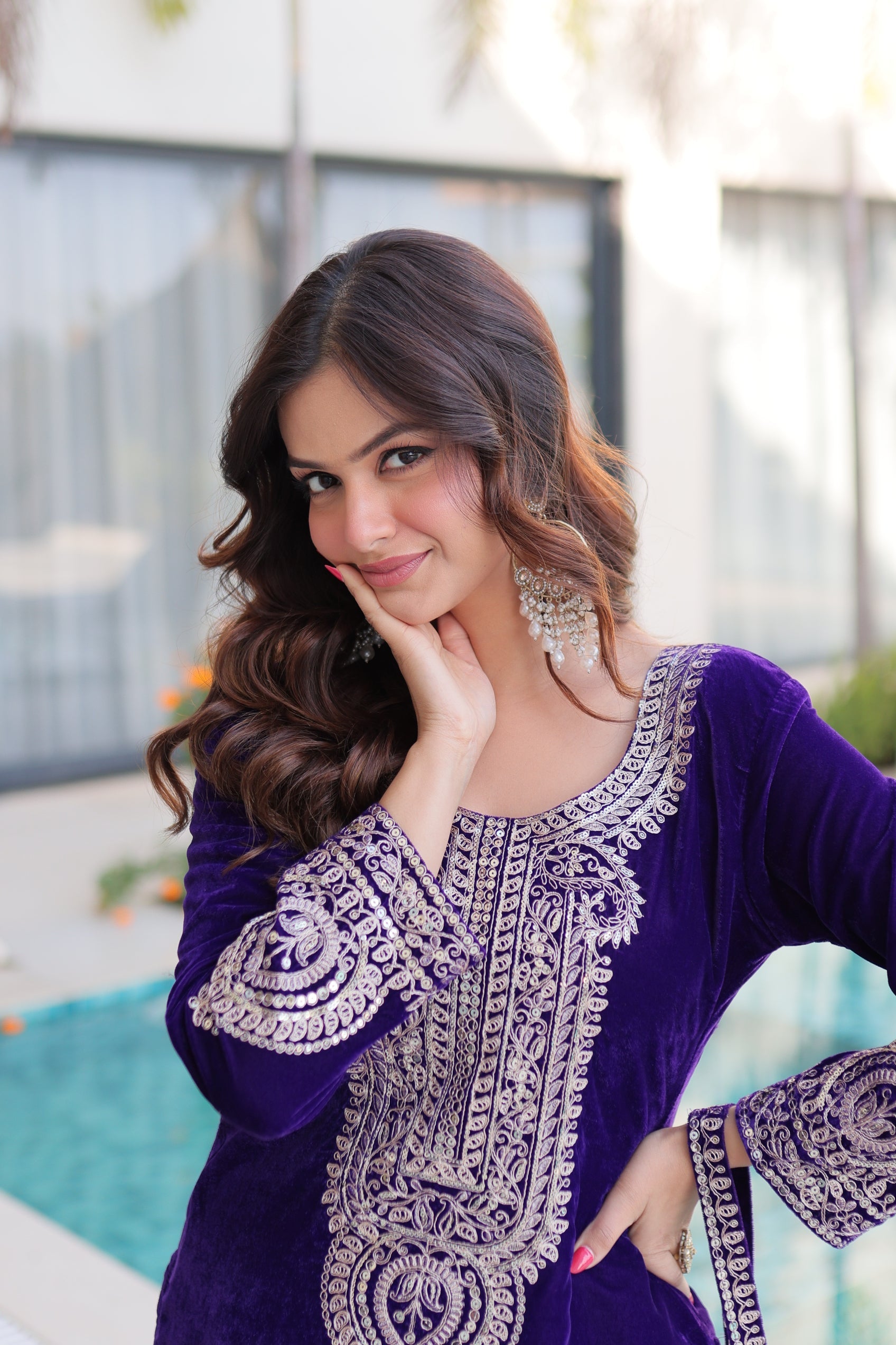 Selina purple velvet zari coding embroidered short kurti set with batwa