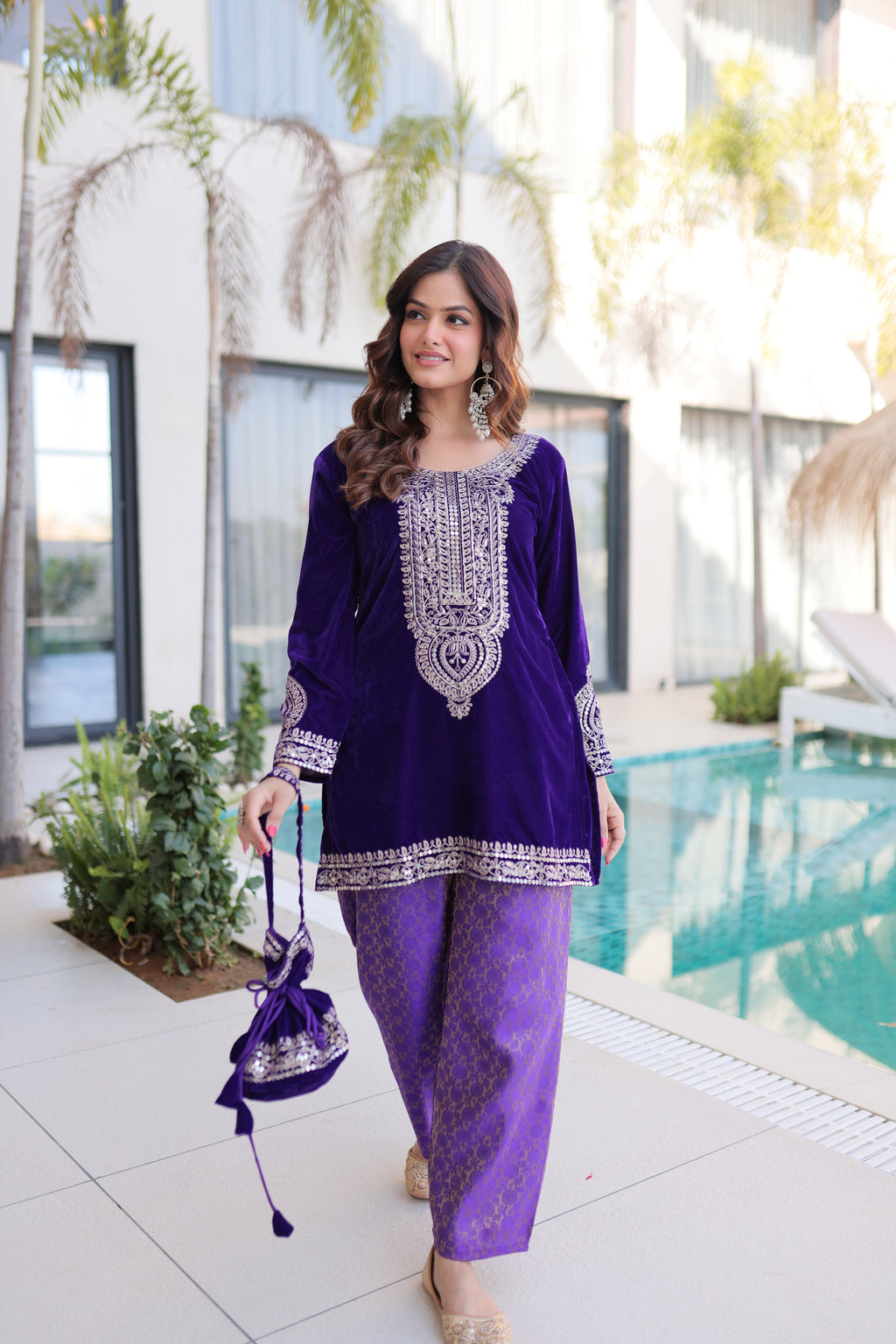 Selina purple velvet zari coding embroidered short kurti set with batwa