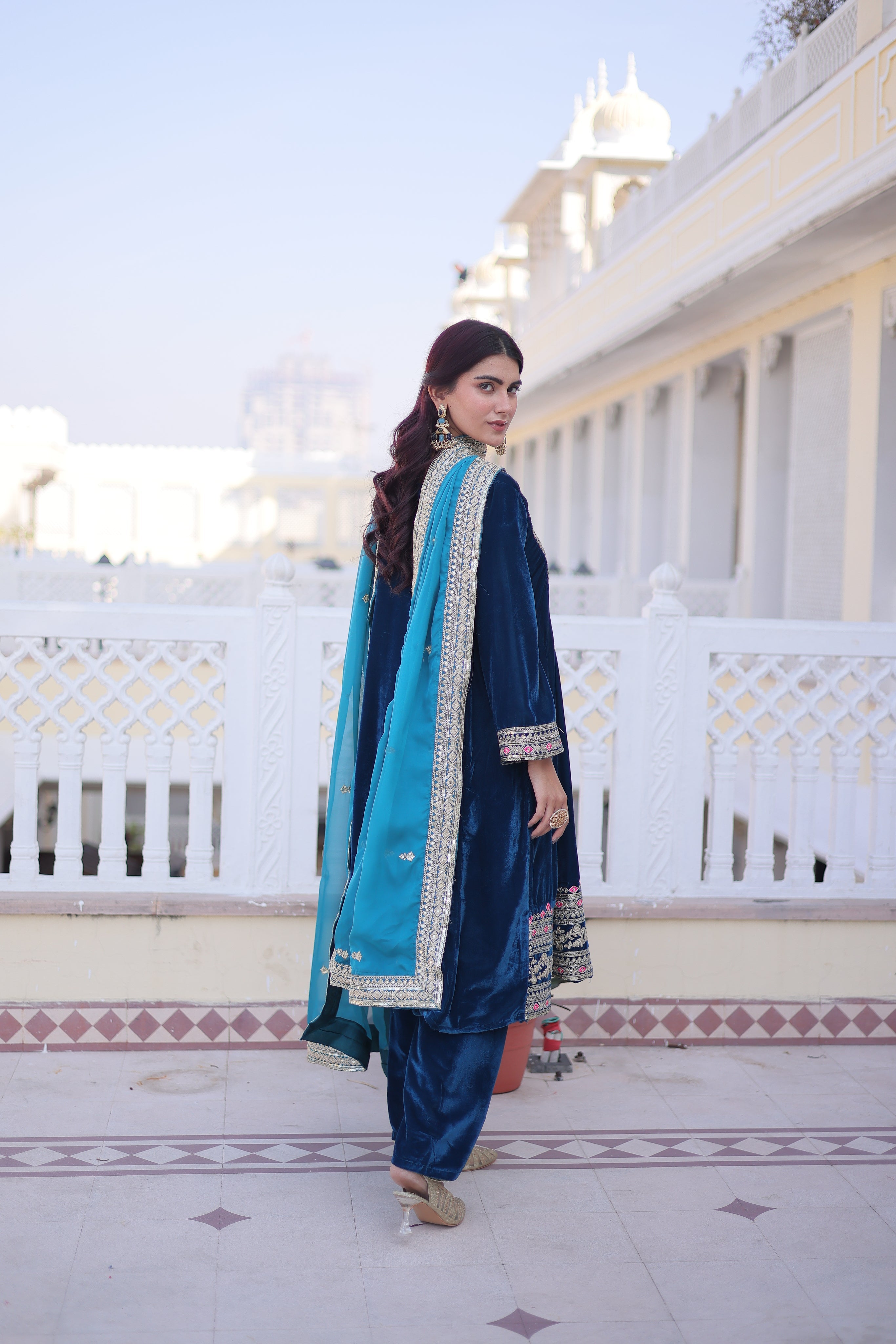 Arusha teal blue velvet kurti set with sequins zari coding thread embroidery