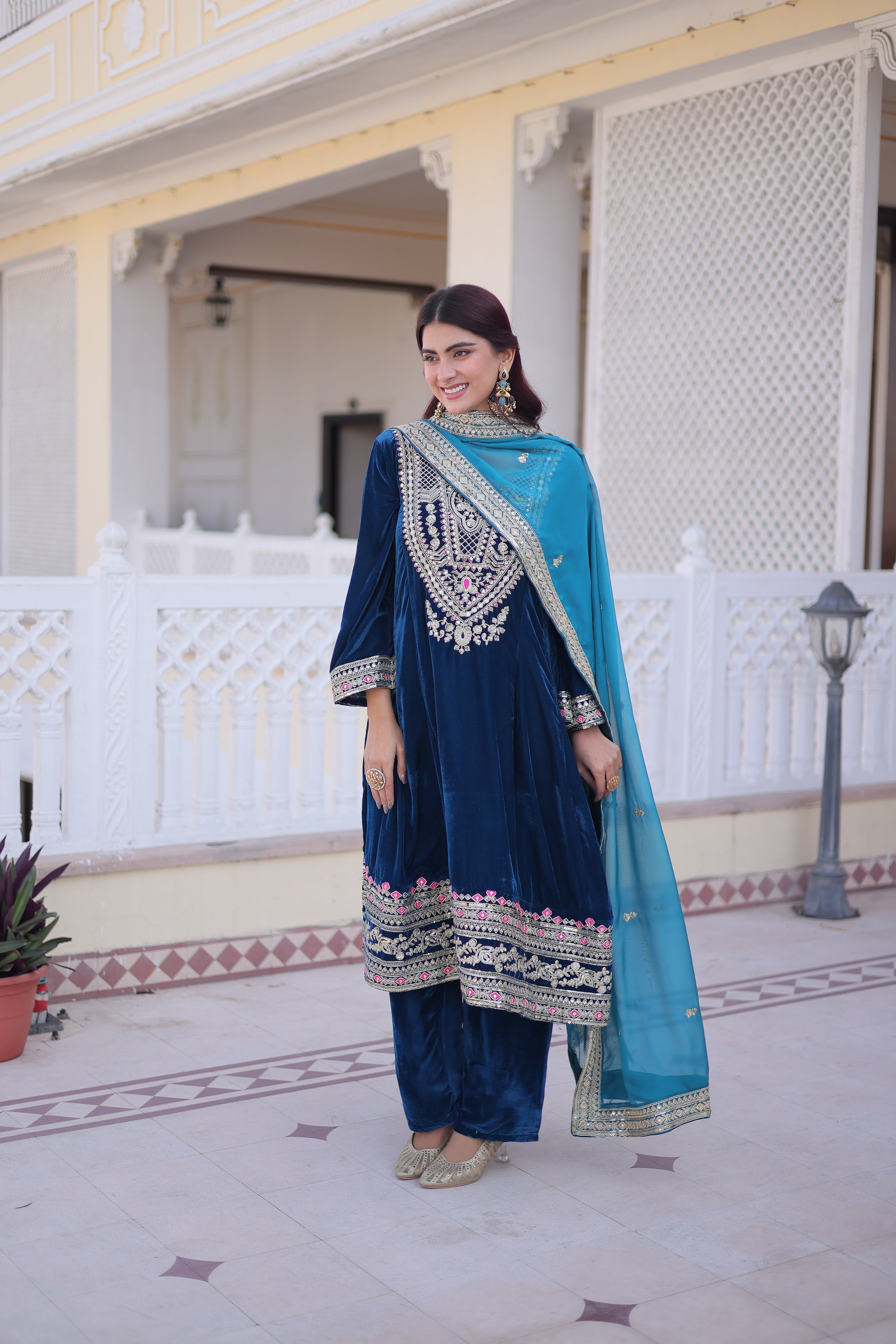 Arusha teal blue velvet kurti set with sequins zari coding thread embroidery