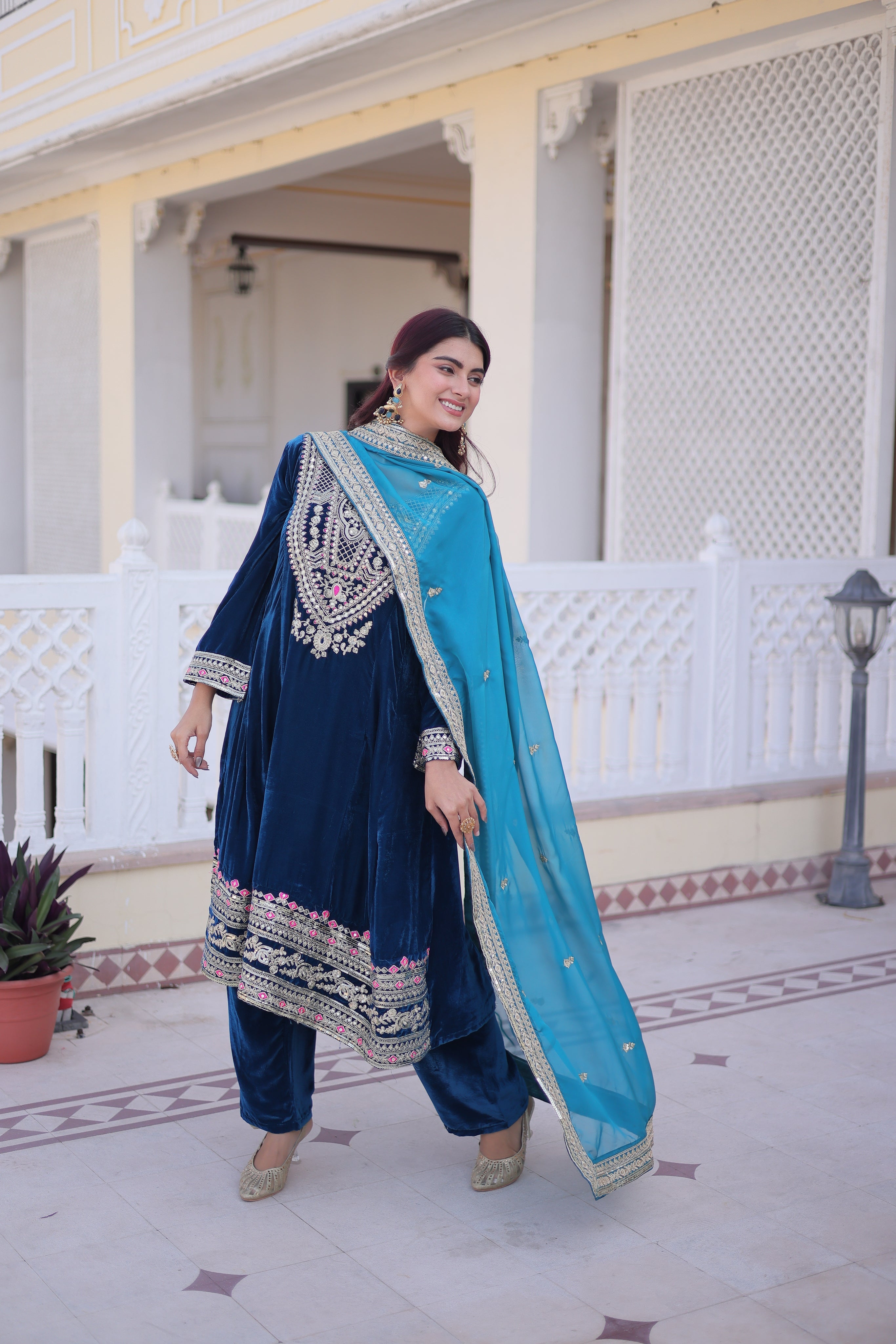 Arusha teal blue velvet kurti set with sequins zari coding thread embroidery