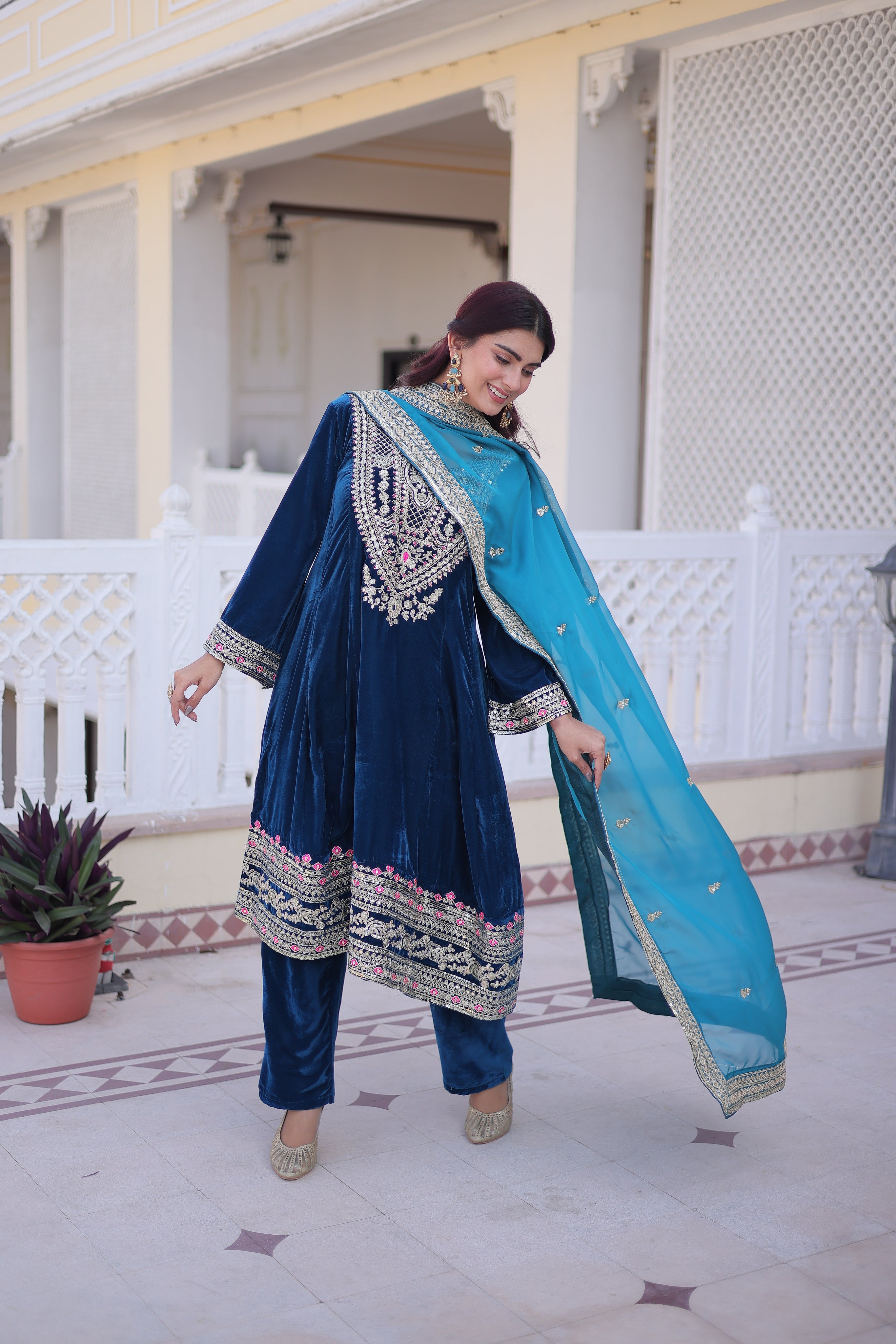 Arusha teal blue velvet kurti set with sequins zari coding thread embroidery
