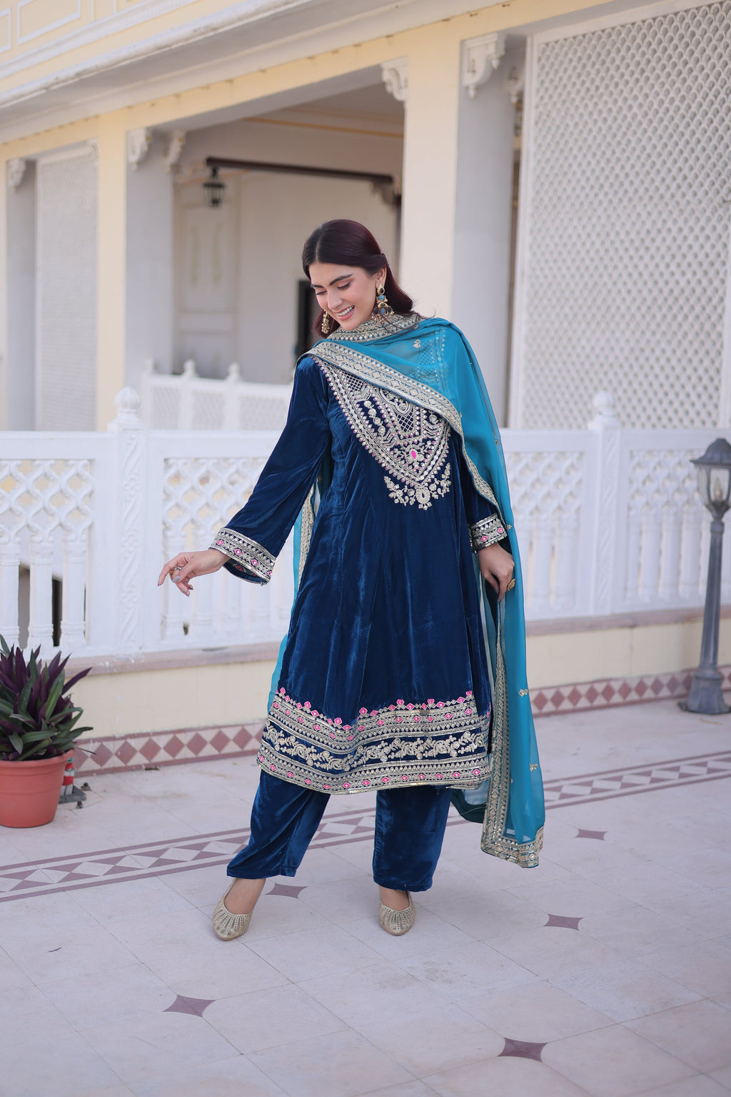 Arusha teal blue velvet kurti set with sequins zari coding thread embroidery