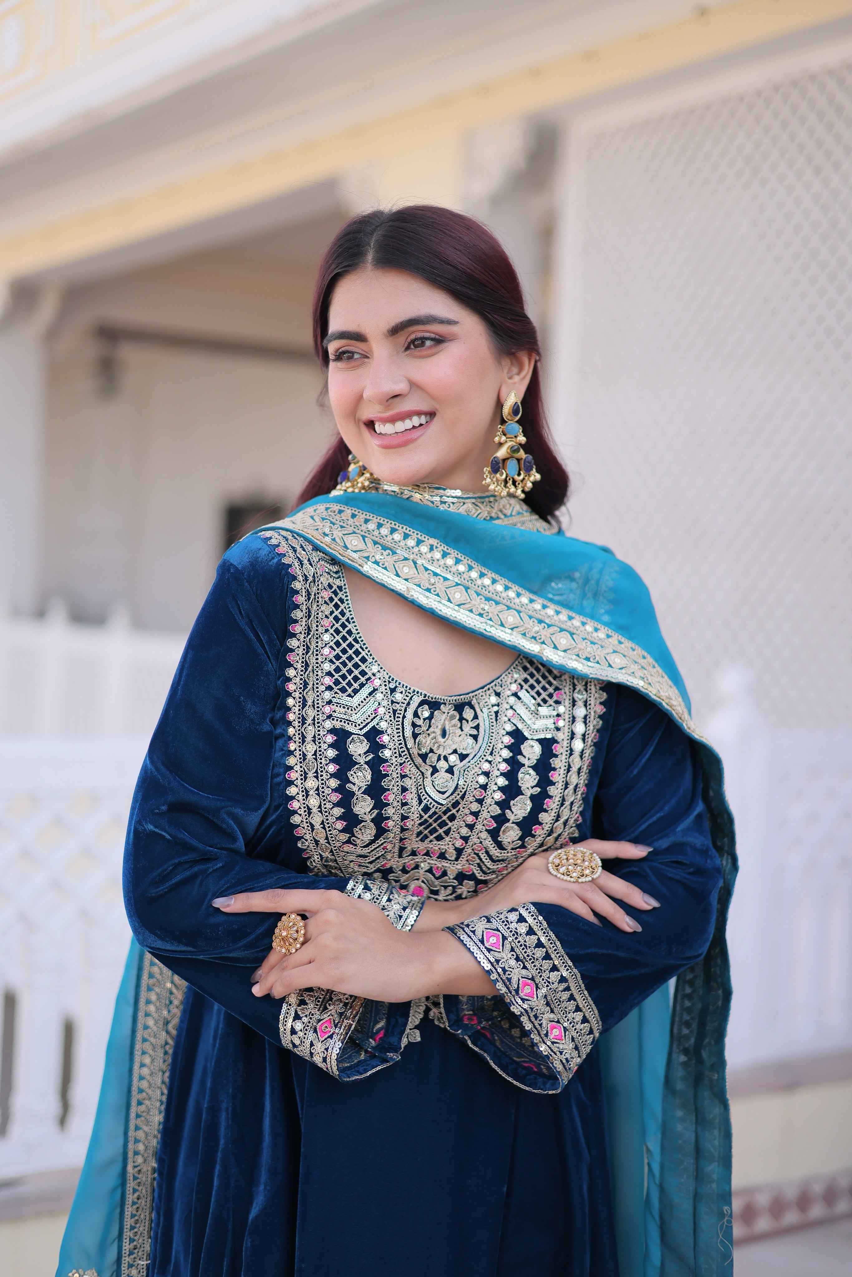 Arusha teal blue velvet kurti set with sequins zari coding thread embroidery