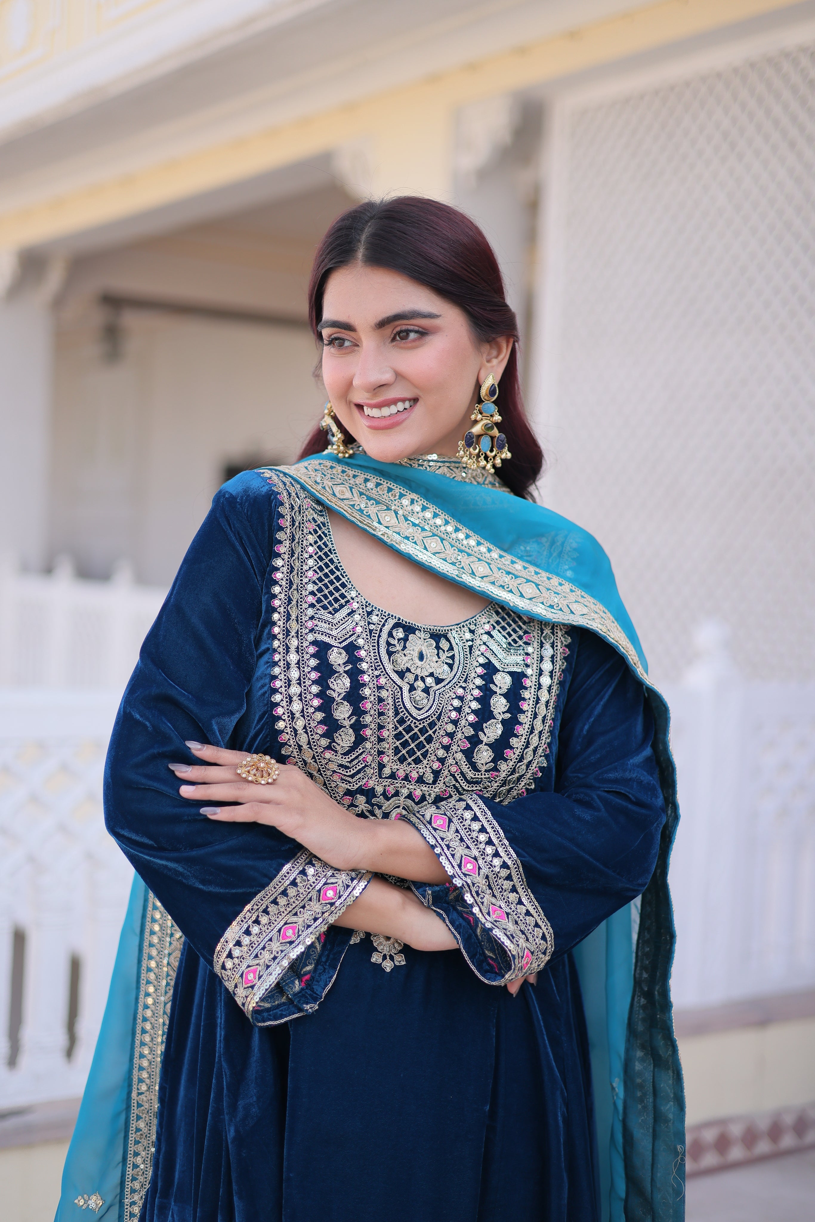 Arusha teal blue velvet kurti set with sequins zari coding thread embroidery