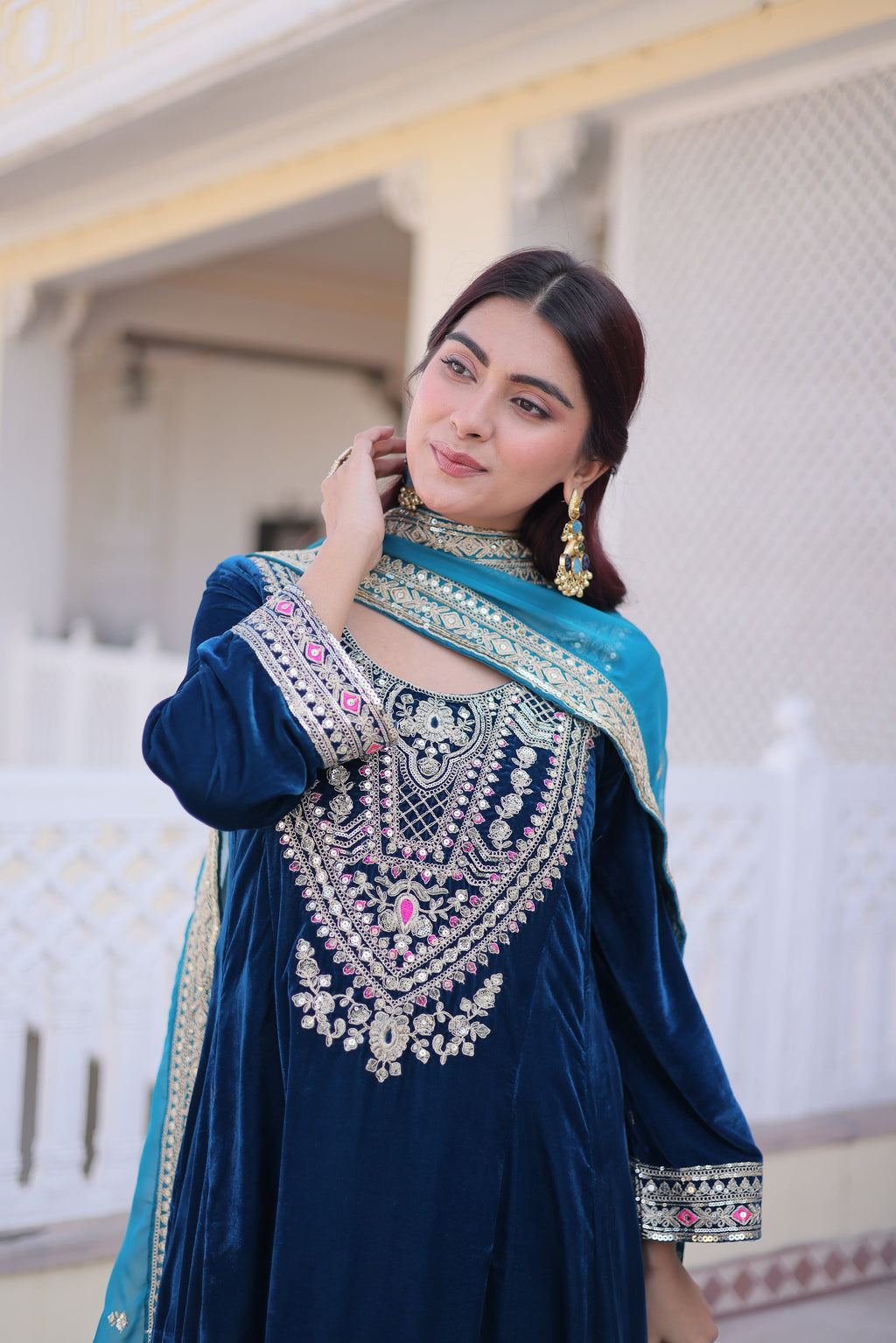 Arusha teal blue velvet kurti set with sequins zari coding thread embroidery