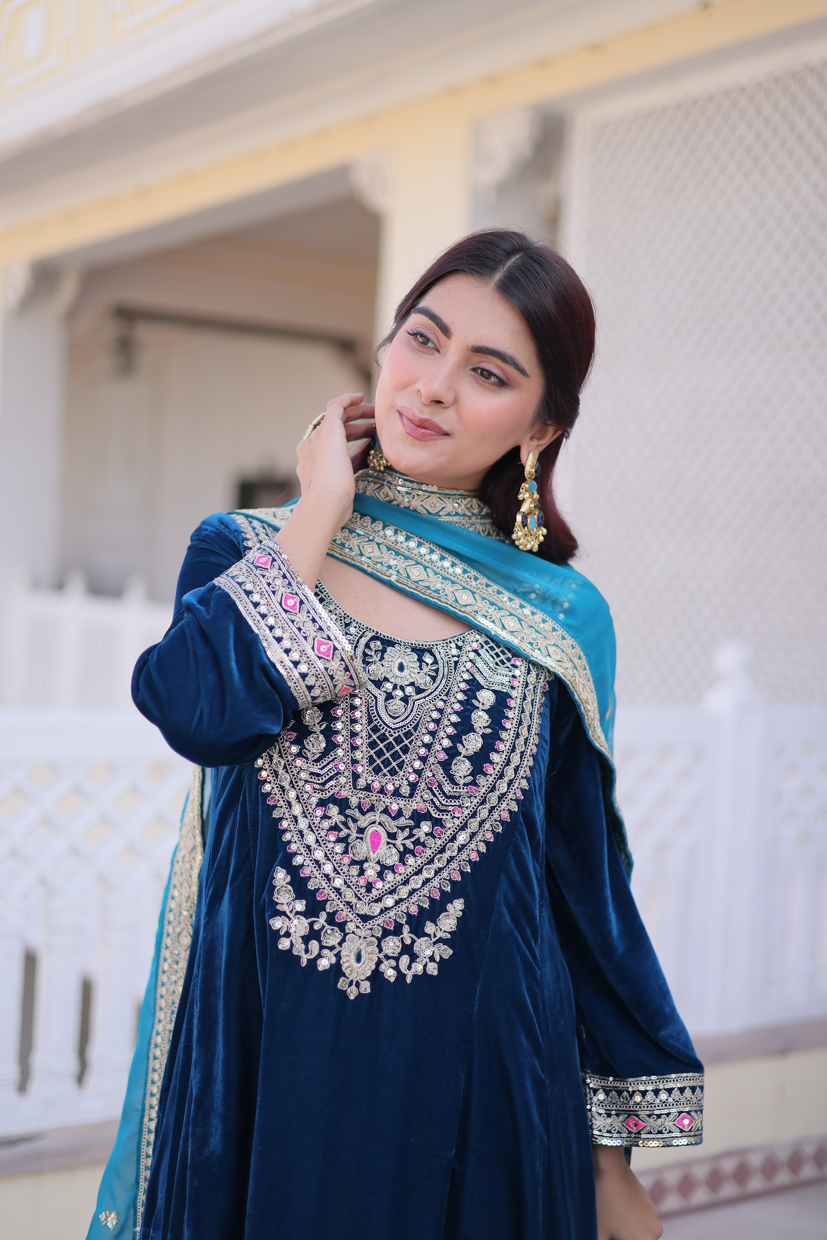 Arusha teal blue velvet kurti set with sequins zari coding thread embroidery