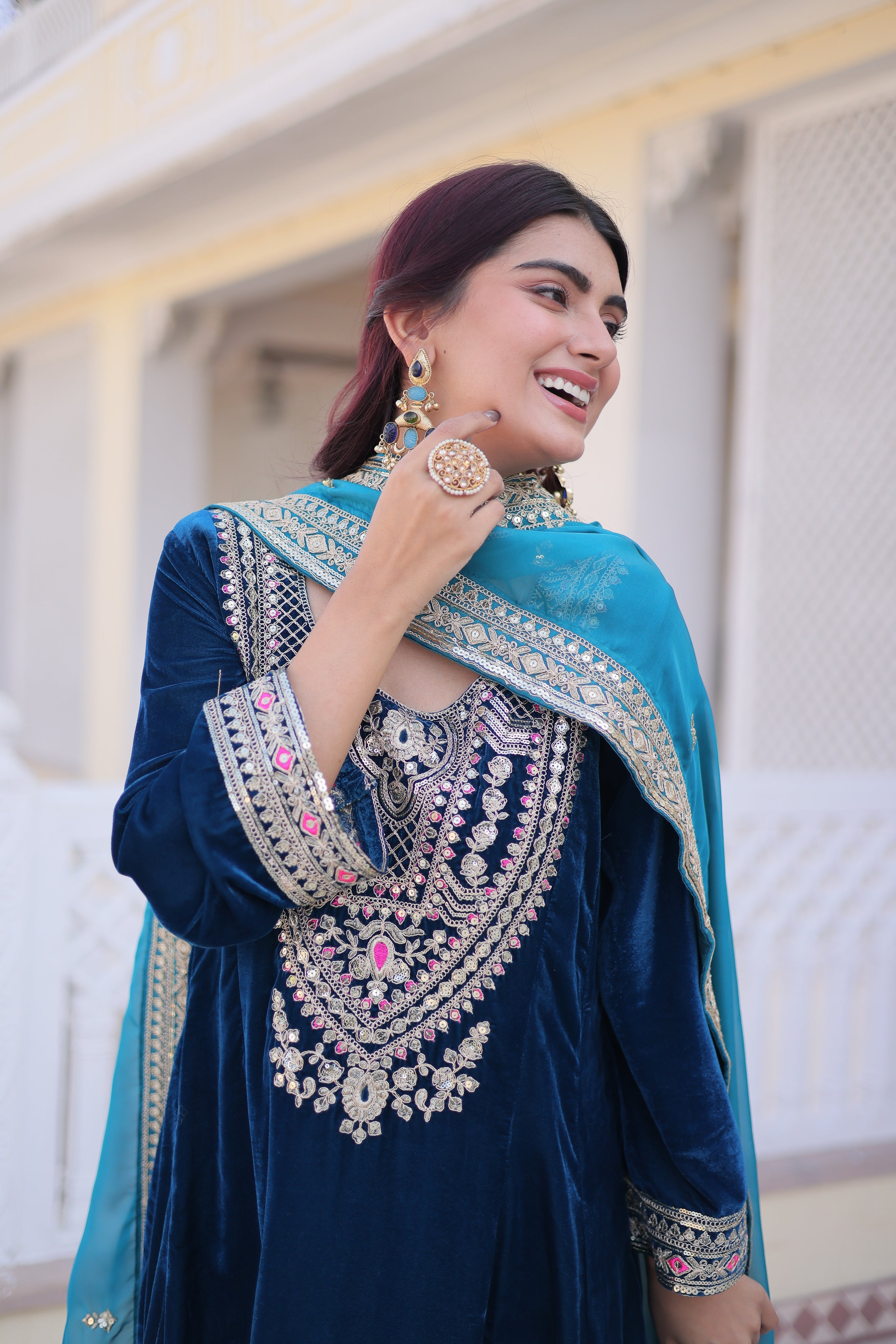 Arusha teal blue velvet kurti set with sequins zari coding thread embroidery
